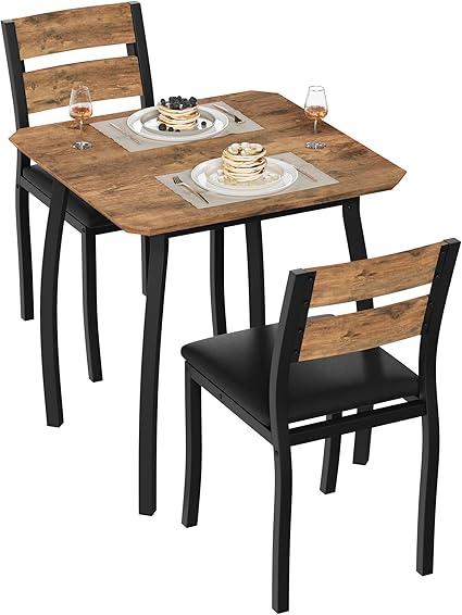 GarveeHome Dining Table Set for 2, Farmhouse 3 Piece Kitchen Table and Chair Set with Upholstered Chair, Metal Frame Dining Room Table and Chairs for Small Space, Apartment, Black+Retro