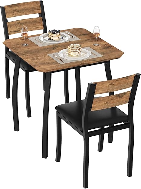 GarveeHome Dining Table Set for 2, Farmhouse 3 Piece Kitchen Table and Chair Set with Upholstered Chair, Metal Frame Dining Room Table and Chairs for Small Space, Apartment, Black+Retro