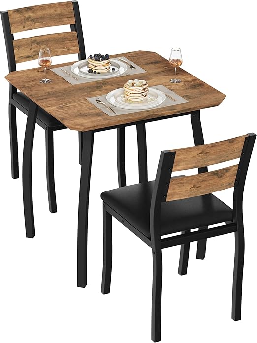 GarveeHome Dining Table Set for 2, Farmhouse 3 Piece Kitchen Table and Chair Set with Upholstered Chair, Metal Frame Dining Room Table and Chairs for Small Space, Apartment, Black+Retro