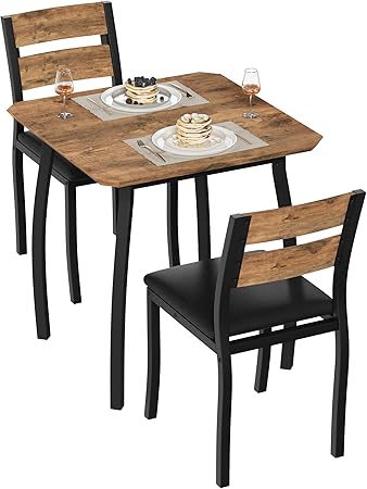 GarveeHome Dining Table Set for 2, Farmhouse 3 Piece Kitchen Table and Chair Set with Upholstered Chair, Metal Frame Dining Room Table and Chairs for Small Space, Apartment, Black+Retro