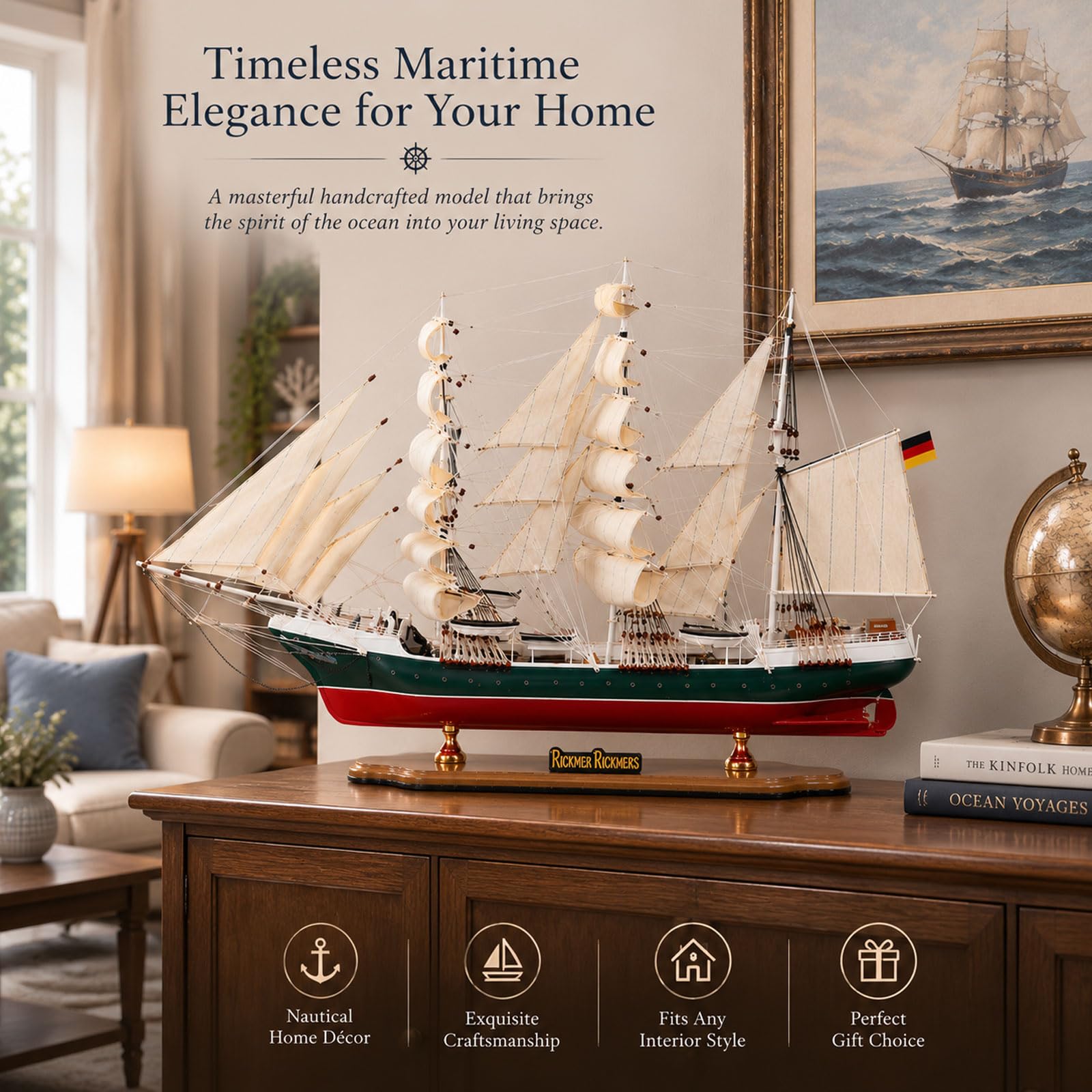 YLME Grande Modello di veliero Ornamento in Legno a Forma di Nave Alta 80cm | Con vele e sartiame realistici Decorazione nautica per la casa per soggiorno, ufficio o mensola