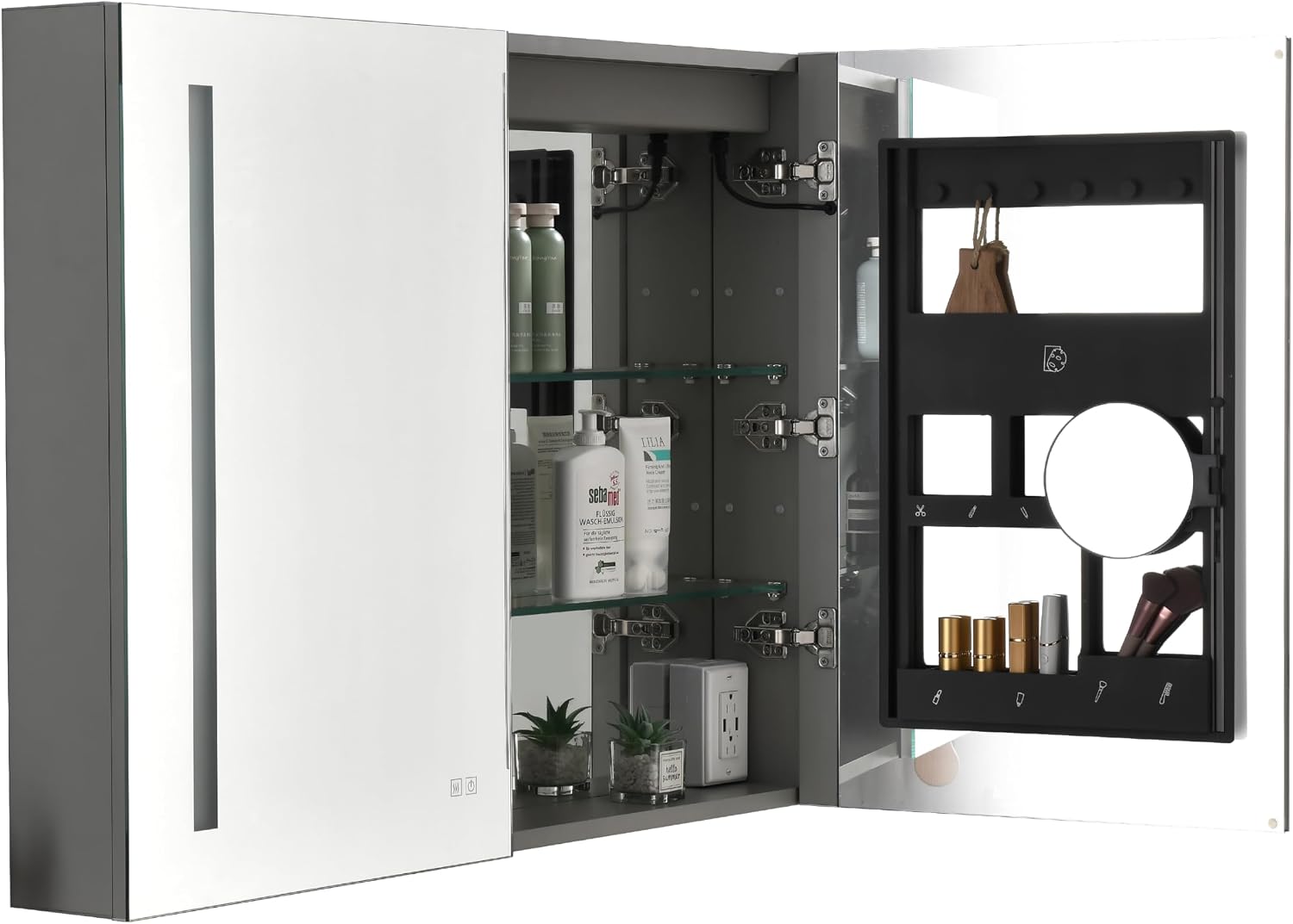 40" LED Dimmable Anti-Fog Bathroom Storage, Multifunctional Organizer with Full-Side Mirrors & Socket, Practical Cabinet with Adjustable Shelf for Bathroom Use, Metallic Grey