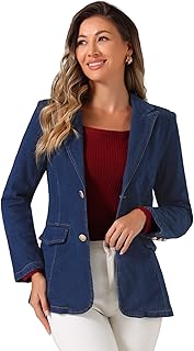 Notched Lapel Denim Blazer for Women's Casual Work Long Sleeve Shoulder ...