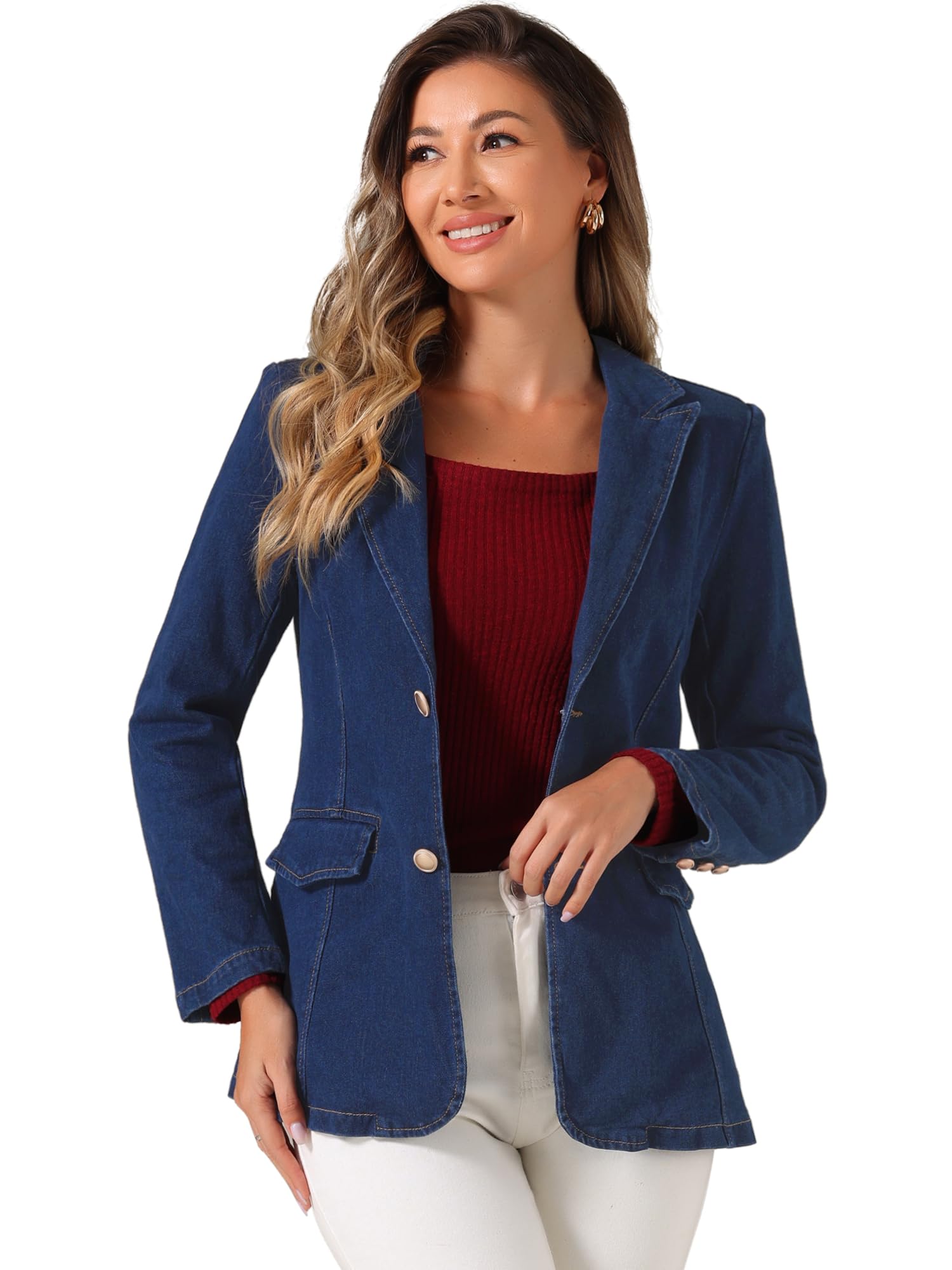Allegra K Notched Lapel Denim Blazer for Womens Casual Work Long Sleeve Shoulder Pad Jean Jackets