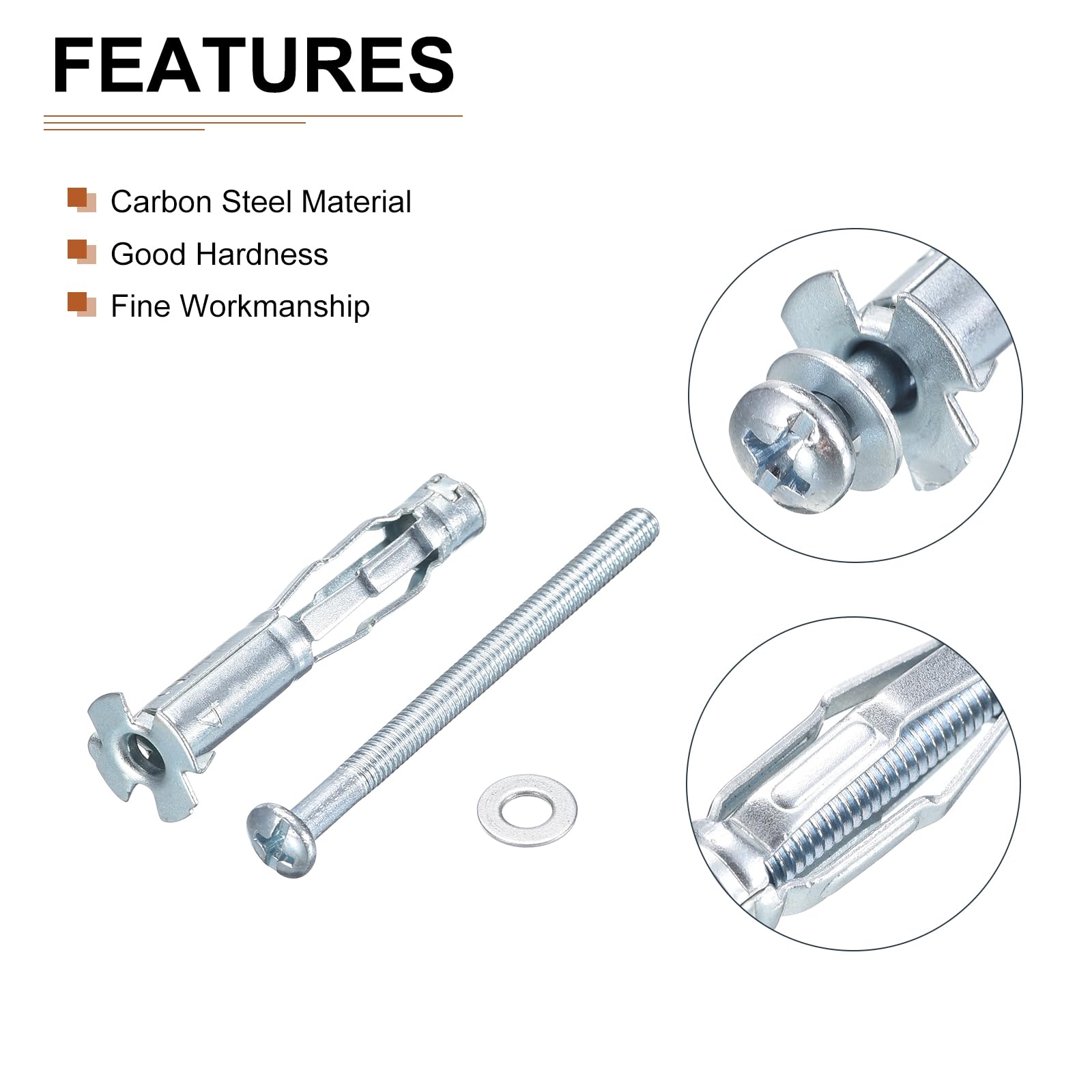 DTGN M4x46mm Hollow Wall Anchors - 60 Pack - Good for Hollow Wall Plaster Walls - Carbon Steel Hollow Drywall Anchors Screws, Silver - Image 3