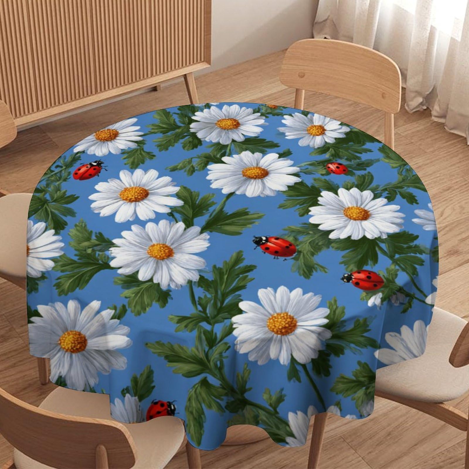 LUYYSKY Beautiful Classic Daisies Flowers Round Tablecloth Modern Aesthetic Animal Ladybugs White Daisies Floral Washable Decor for Table Cover for Kitchen-127 Wx127 L cm