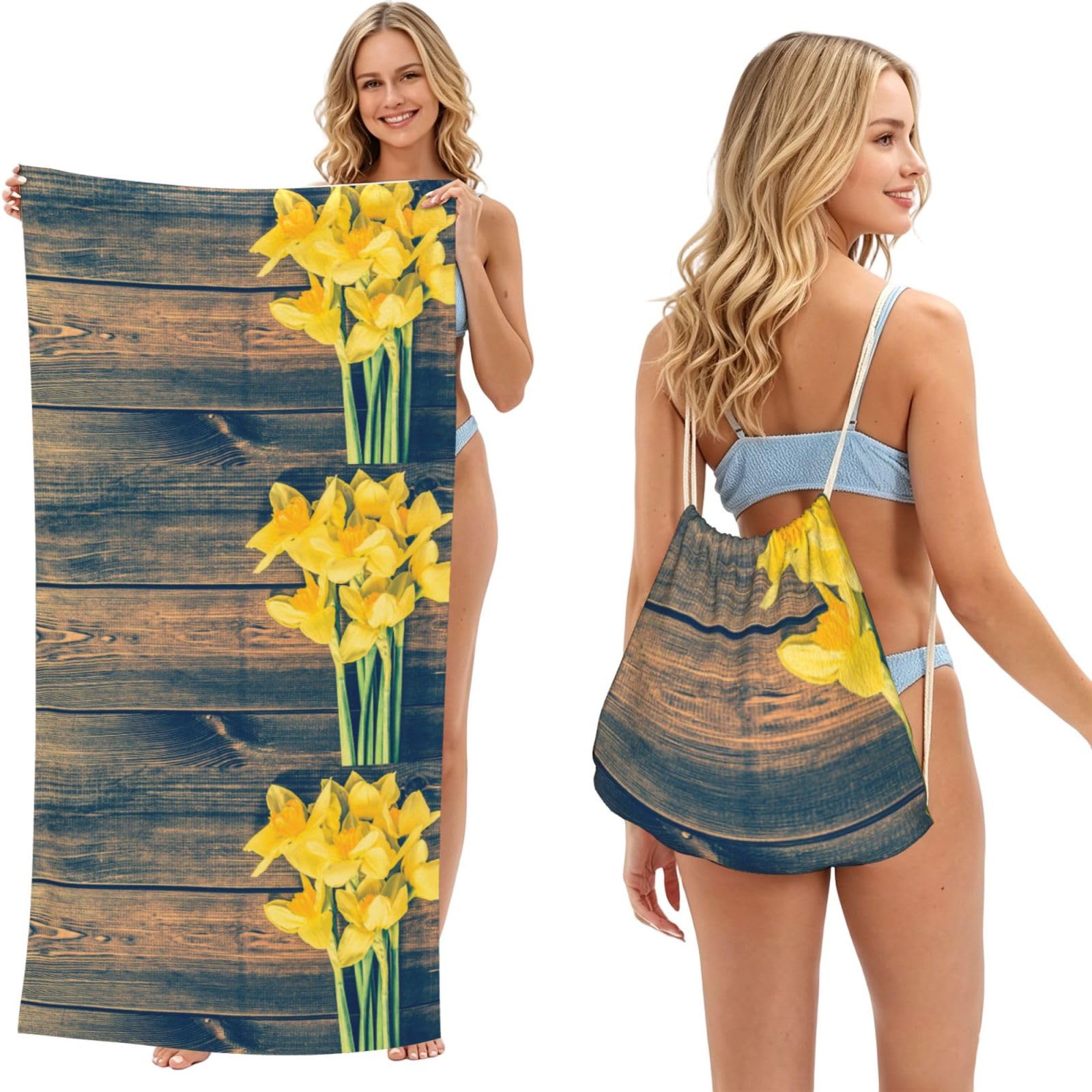 Poadnly As Picture Bouquet Of Daffodils Print, 2 In 1 Packable Towel Bag, Beach Towels With Drawstring Backpack For Travel Holiday Camping