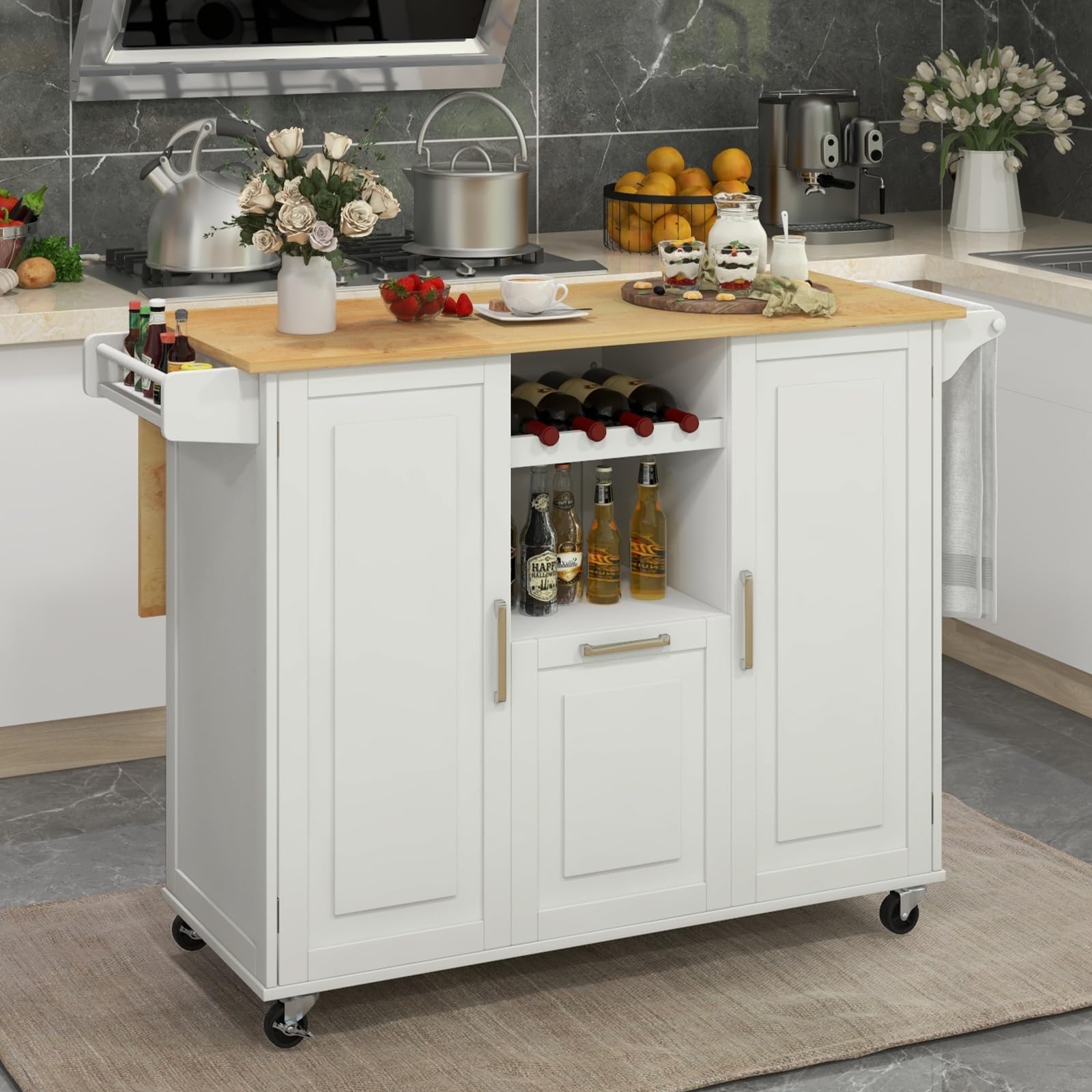 COSTWAY Desserte de Cuisine sur roulettes, Ilot Central Cuisine avec Plan de Travail Extensible Rabattable en Bois d'hévéa, Chariot de Service avec Tiroir, Porte-Bouteilles, Porte-Serviettes (Blanc)