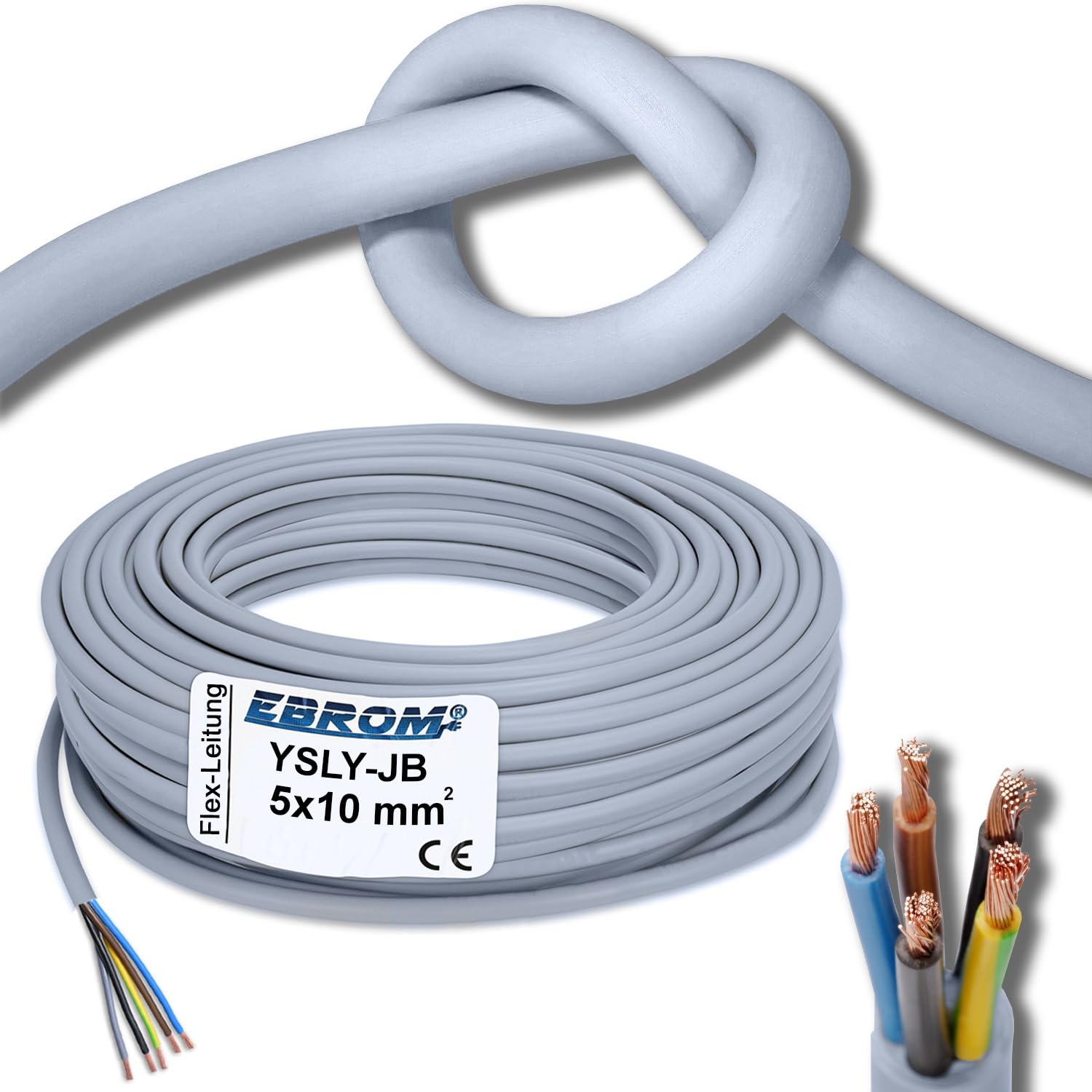 3 Meter flexibles YSLY-JB 5x10 mm² hochflexibles Verlegekabel grau, 5-adrig: braun, blau, grün/gelb, grau + schwarz - u.a. für Wandladestation, E-Auto Ladebox Anschluss zur Ladestation, 5x10 mm2