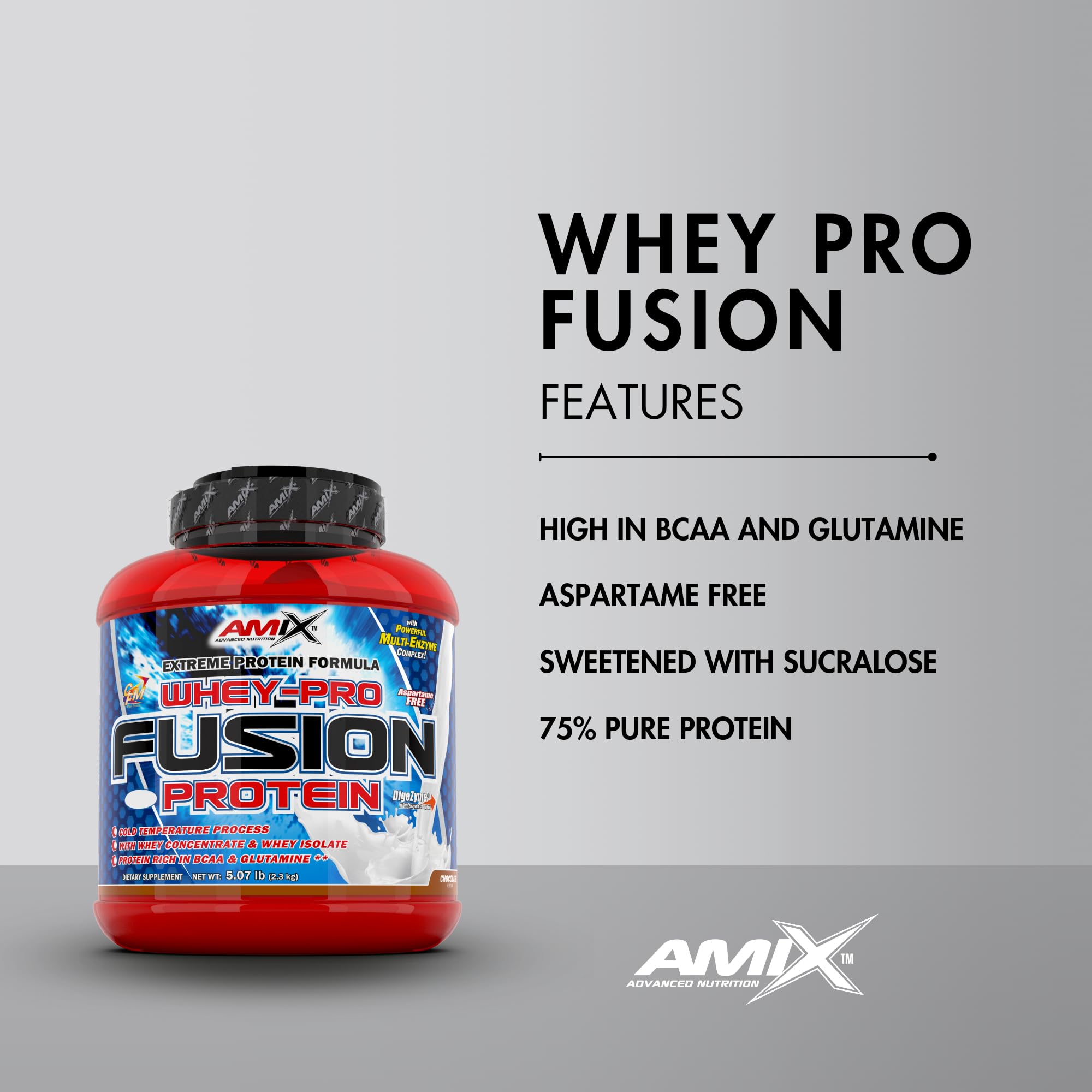 AMIX - Proteína Whey - Pure Fusion - 2,3 Kg - Concentrado de Suero Ultra Filtrado - Proteína Isolada con Splenda - Contiene L-glutamina - Proteínas para Aumentar Masa Muscular - Sabor Chocolate