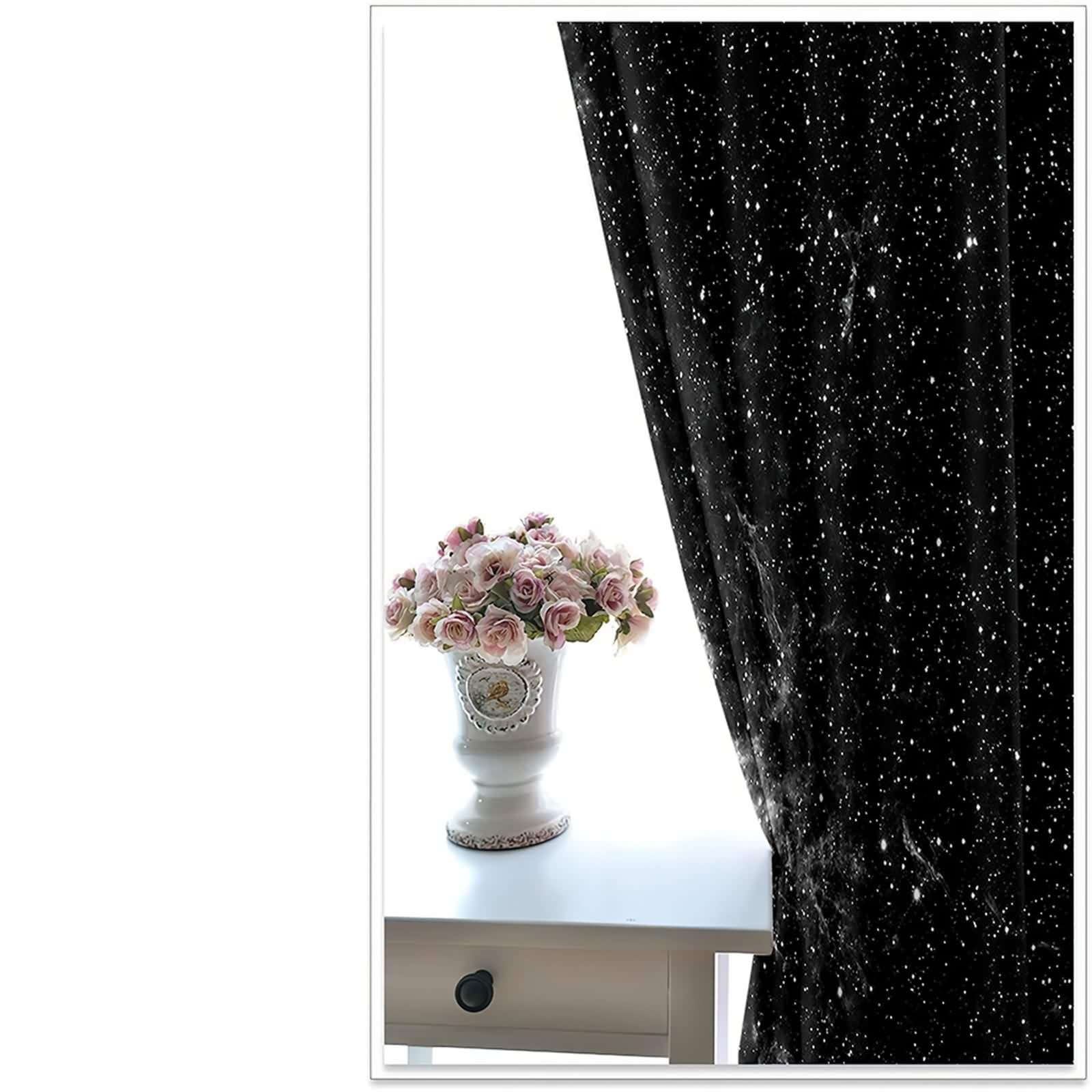 Rideau Fenetre Chambre, Rideau Occultant Cuisine Noir Blanc Polyester Ciel Étoilé 107L x 214H CM Lot de 2