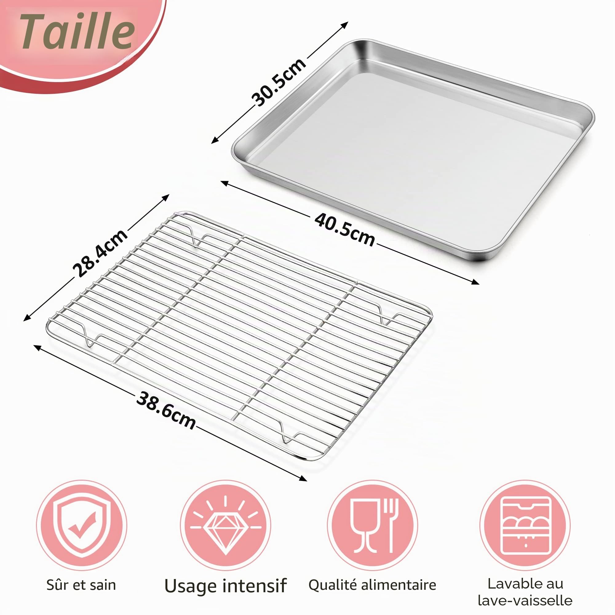 Joyfair grande Plaque de cuisson en acier inoxydable avec grille de refroidissement et à gâteau, 40 x 30 x 2,5 cm, pour rôti/refroidissement