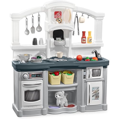 Step2 Fun with Friends Kids Kitchen Playset, Indoor/Outdoor Kitchenette with Lights & Sounds, Durable Plastic, 25-Piece Toy Accessories, Toddlers 2+ Years, Gray