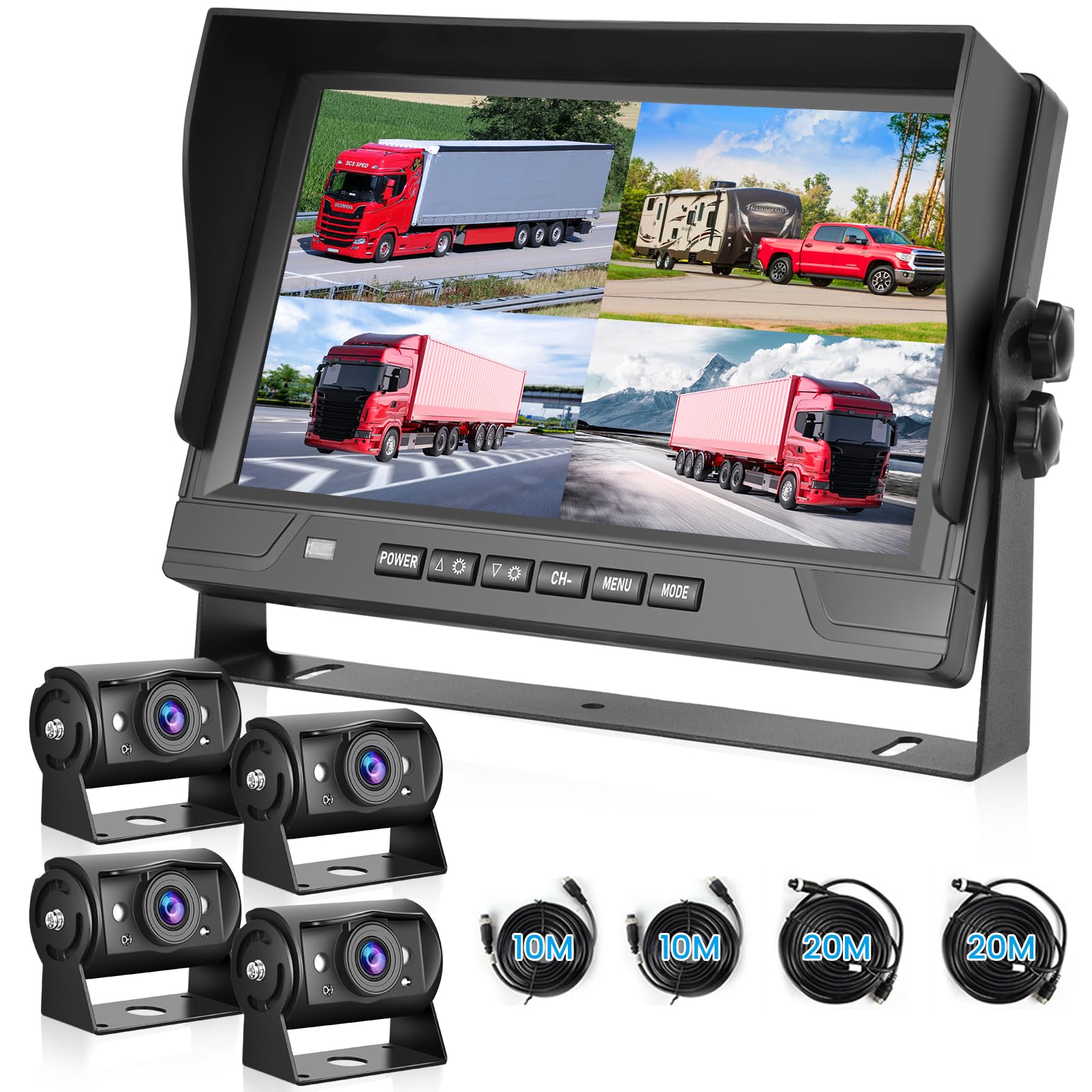Telecamera Retromarcia per Auto 1080P con Monitor 4 Divisi da 9 Pollici, supporto 4 Telecamere DVR/IP68/Visione Notturna per Camion, Camper, Rimorchio, con Cavi da 2x10 M E 2x20 M