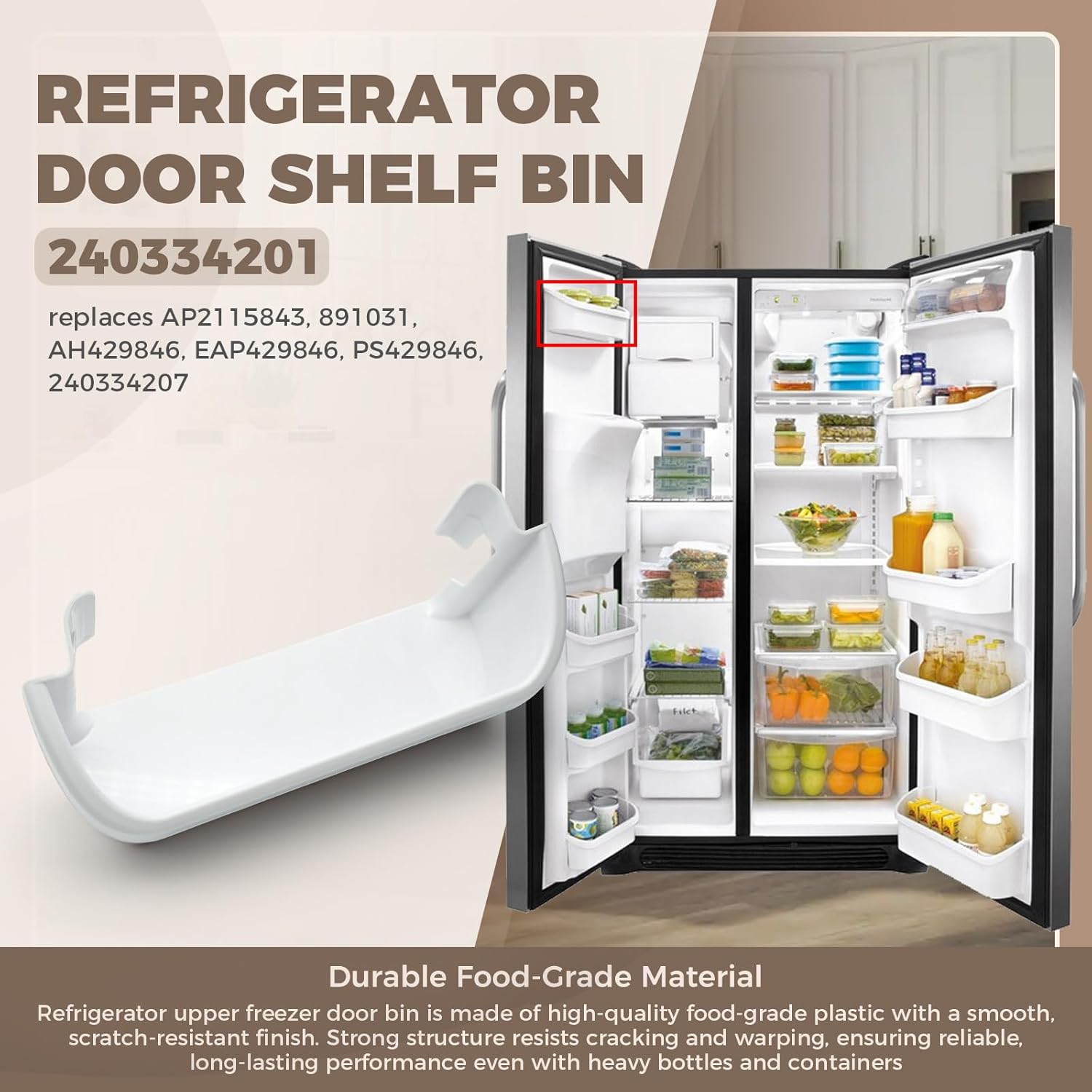 240334201 Refrigerator Door Shelf Bin Compatible with Frigidaire Kenmore, Refrigerator Upper Freezer Door Bin Replace AP2115843 891031 AH429846 240334207 EAP429846 PS429846