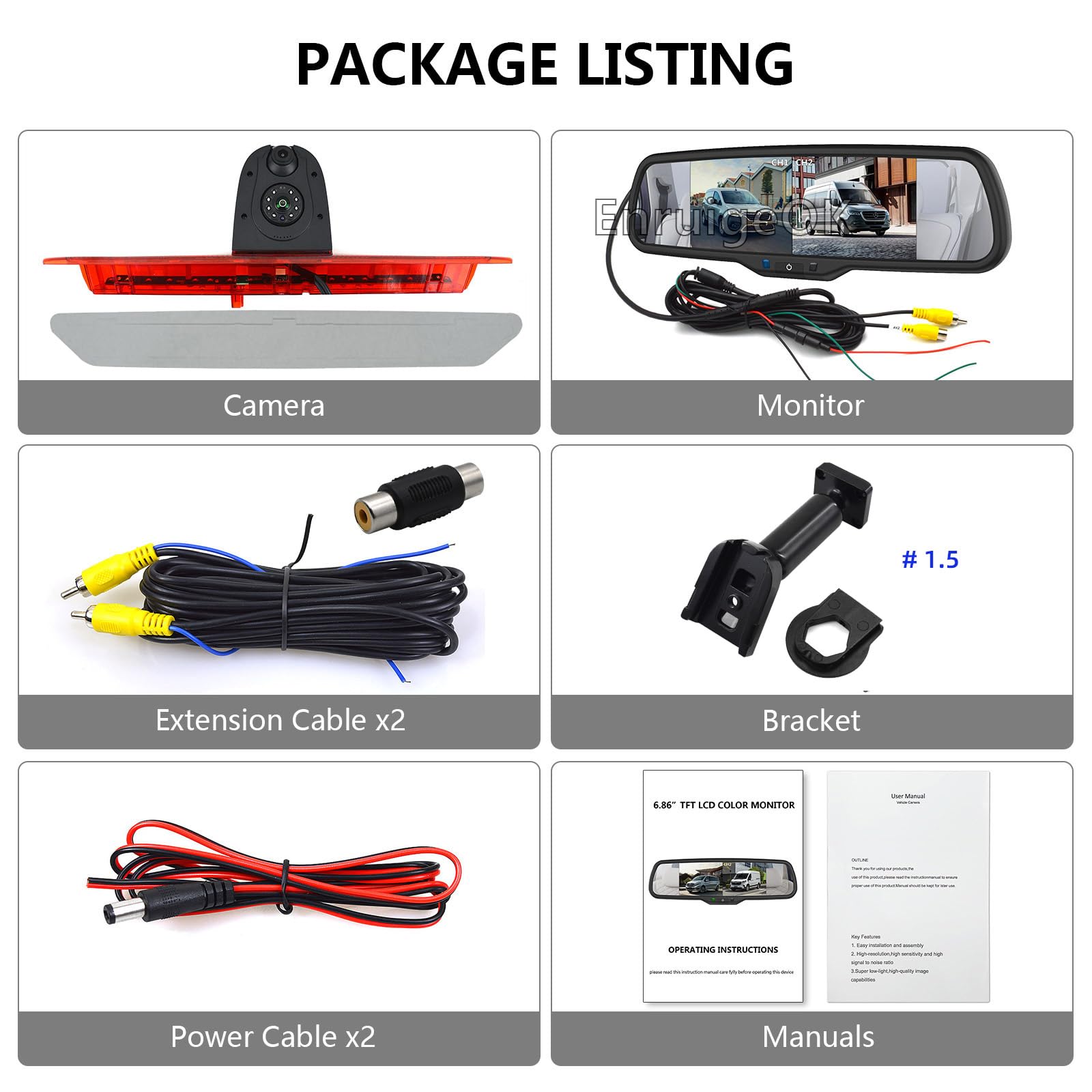 Cámara de marcha atrás HD de luz de freno de doble lente para Ford Transit 350 MK8 Van (2014-presente) con pantalla dual de 6.86 pulgadas 2 monitores divididos (kit de soporte n.º 1.5)