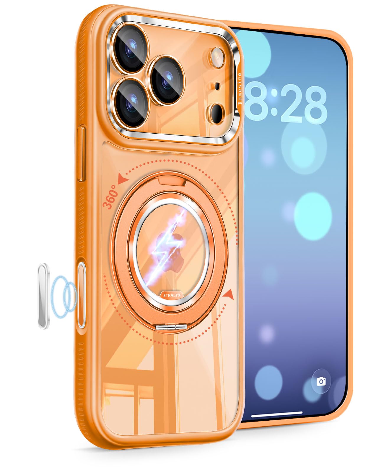 DAMESINE iPhone 17 ProMax用ケースMagsafe対応 360度回転リングスタンド付き 薄型 クリアアクリル シリコン耐衝撃 滑り止め カメラコントロールボタン オシャレな着脱カメラカバー かわいいアイフォン17プロマックスケース オレンジ