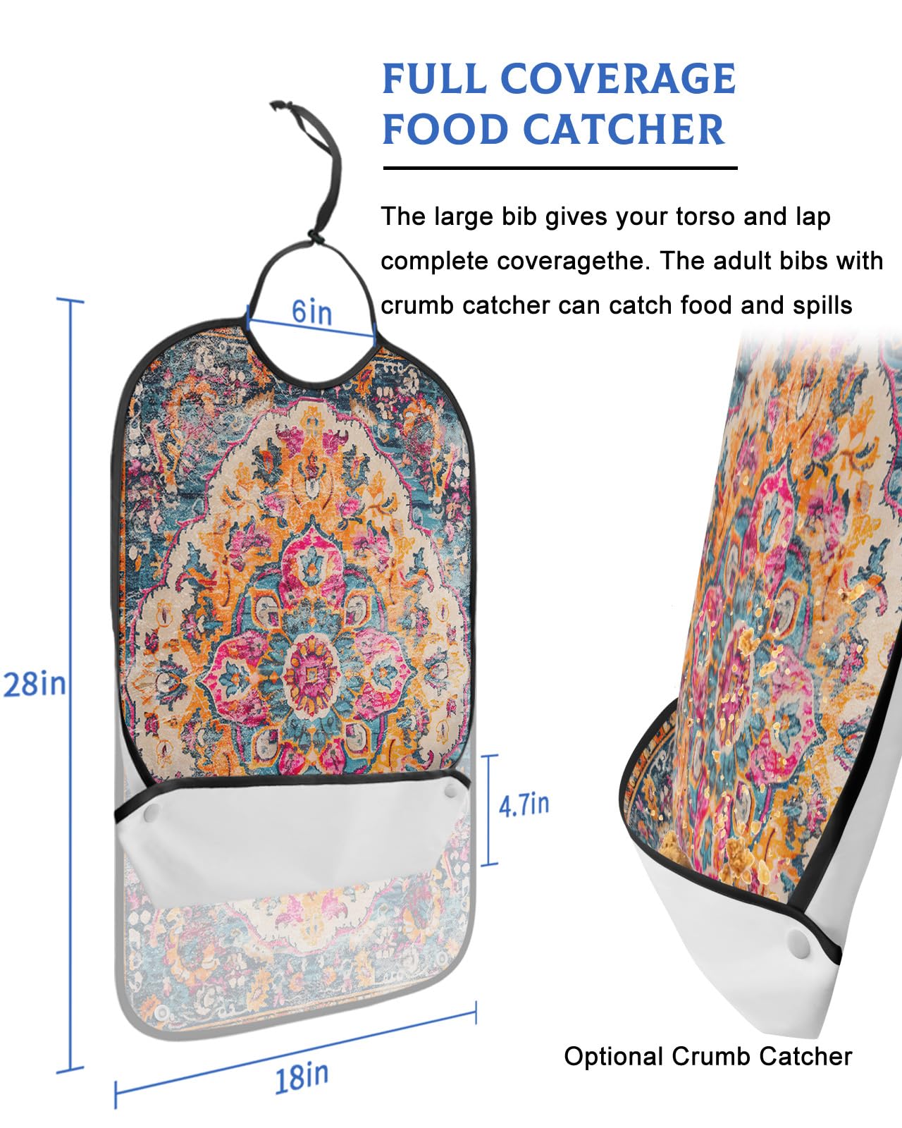 LEOKOTI Orange Blue Pink Adult Bibs for Eating, Waterproof Bibs with Food Catcher & Adjustable Snap Closure, Boho Middle Century Geometric Abstract Washable Clothing Protectors Adult Bibs for Elderly