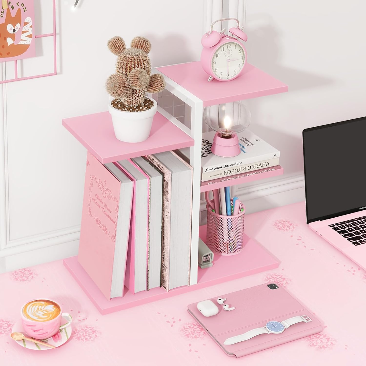 ELITEROO Desktop Bookshelf, Tiered Desk Organizer Shelf, Wooden Tabletop Bookshelf Small Desk Book Shelf, Dresser Top Organization Storage Rack and Desk Decorations for Women Office, Pink