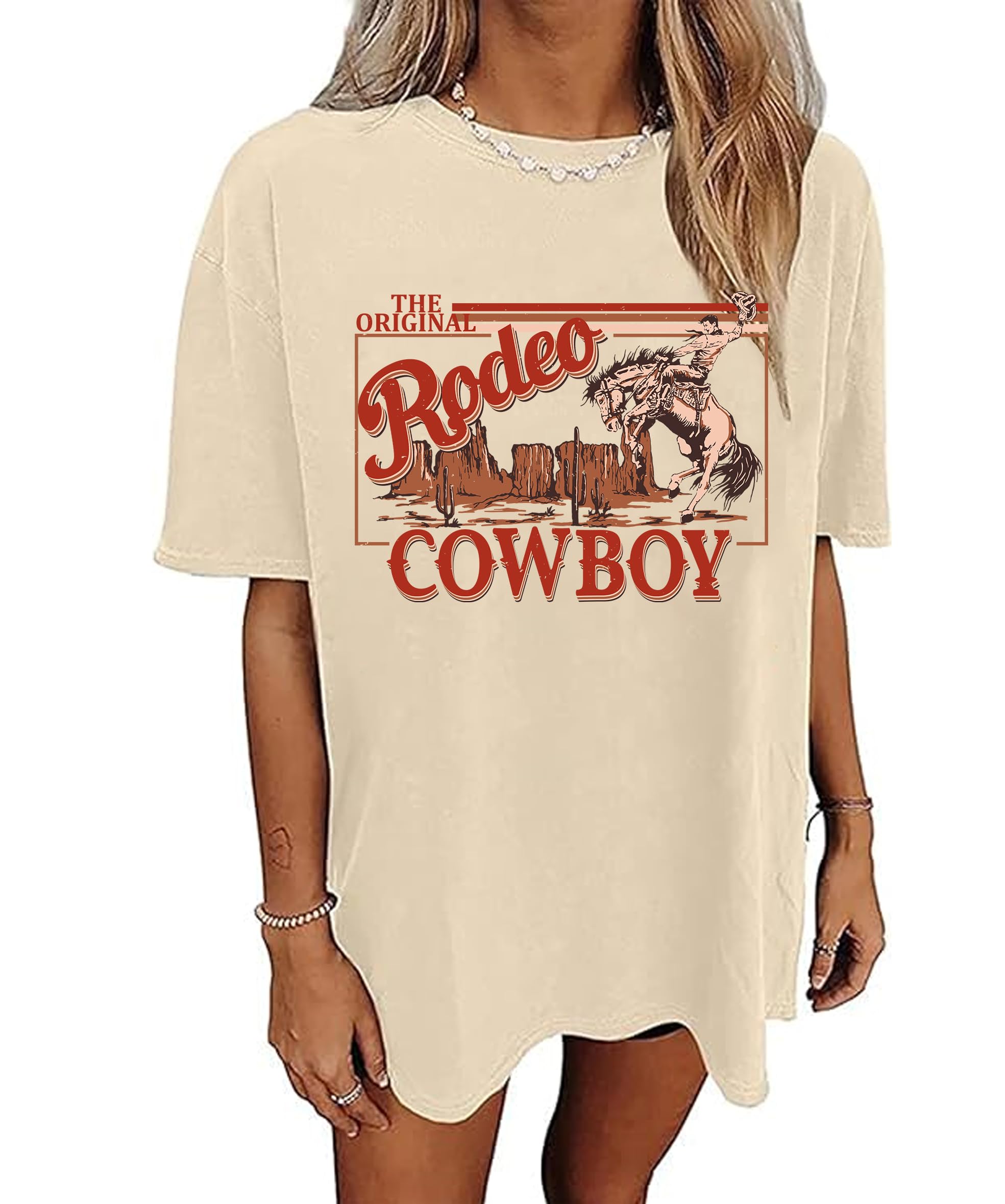 Photo 1 of Western Shirts for Women Vintage Rodeo Shirts Wild West Cowboy T Shirt Oversized Country Music Short Sleeve Tops Apricot LARGE