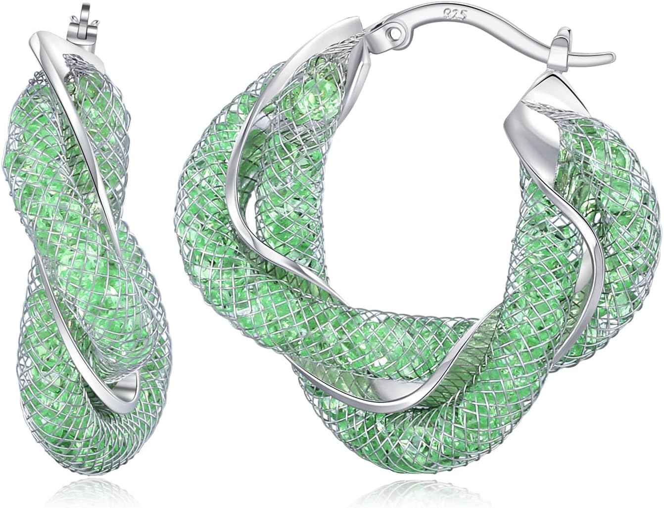 14K Gold Plated 25–33mm Mesh Hoop Earrings for Women, Cubic Zirconia, 925 Sterling Silver Post, Hypoallergenic Jewelry