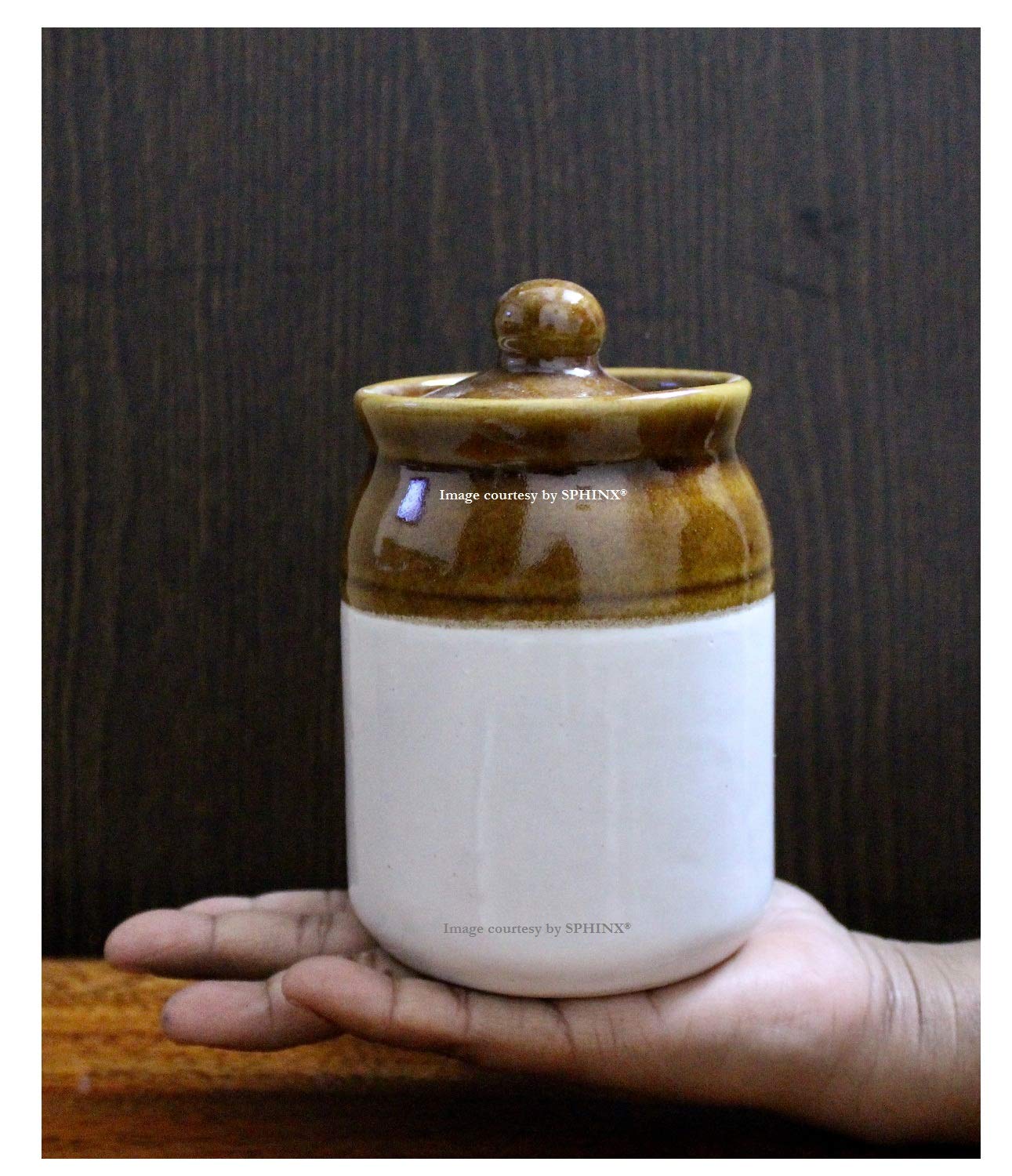 SPHINX Ceramic Pickle Jar/Barni/Achar Martban/Cornichon Container with lid- Handcrafted Kitchen Storage Container | Rustic Design |For Kitchen Condiment - (Approx 15 x 8.5 cms - 1 Piece- Small)