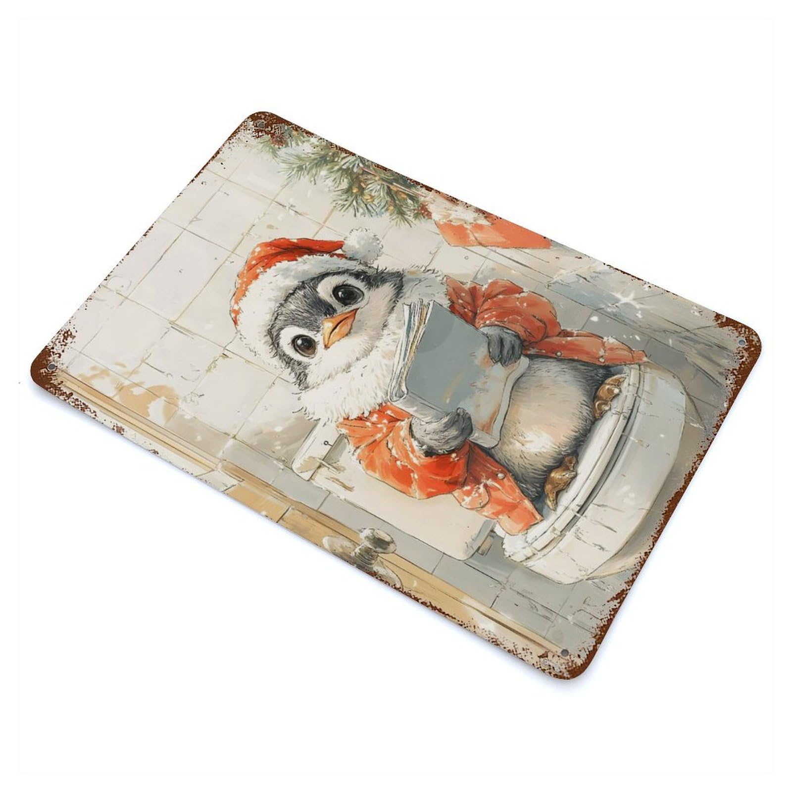 Vintage Rust Metal Sign with Penguin Reading on Toilet Design 11.8"x7.9", for Shed, Workshop And Garage Wall Decor, Classic Wall Plaque