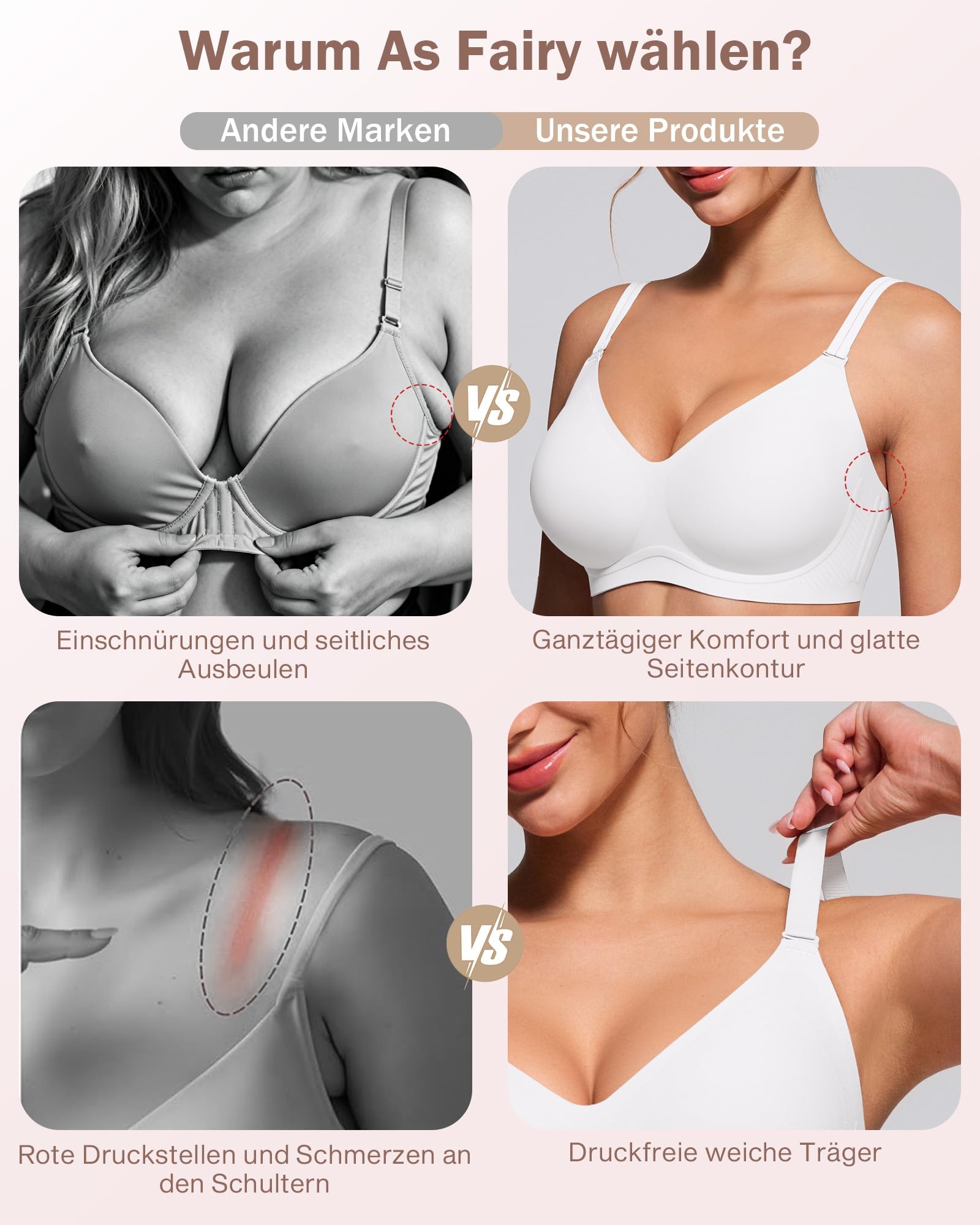 As Fairy Beauty Back Reggiseno da donna, senza cuciture, senza fili, Jelly Strip, reggiseno push-up confortevole, copertura completa, per tutti i giorni, con 2 set di bretelle