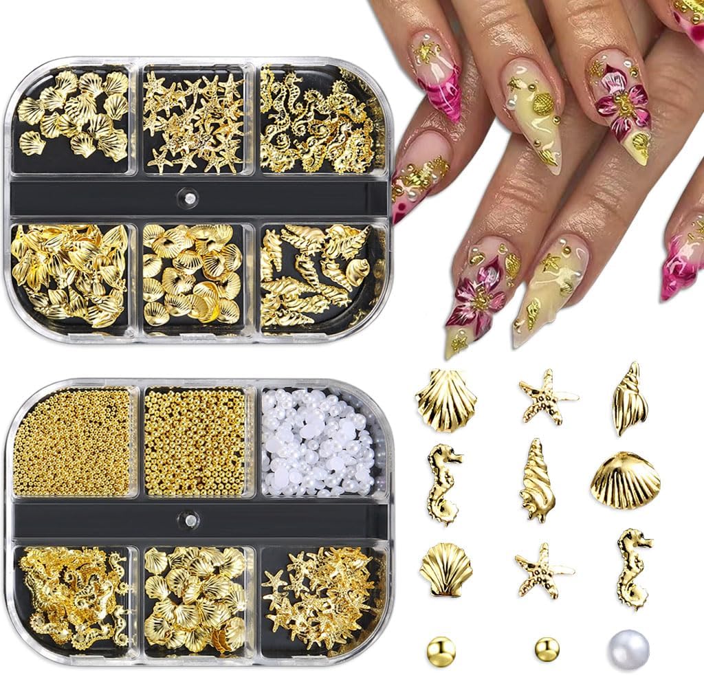 2 Boxes Mixed Nail Art Charms 3D Starfish Seashell Seahorse Conch Design Marine Theme Nail Charms Ocean Life Nail DIY Supplies Decorations for Women Girls Nail Art Designs