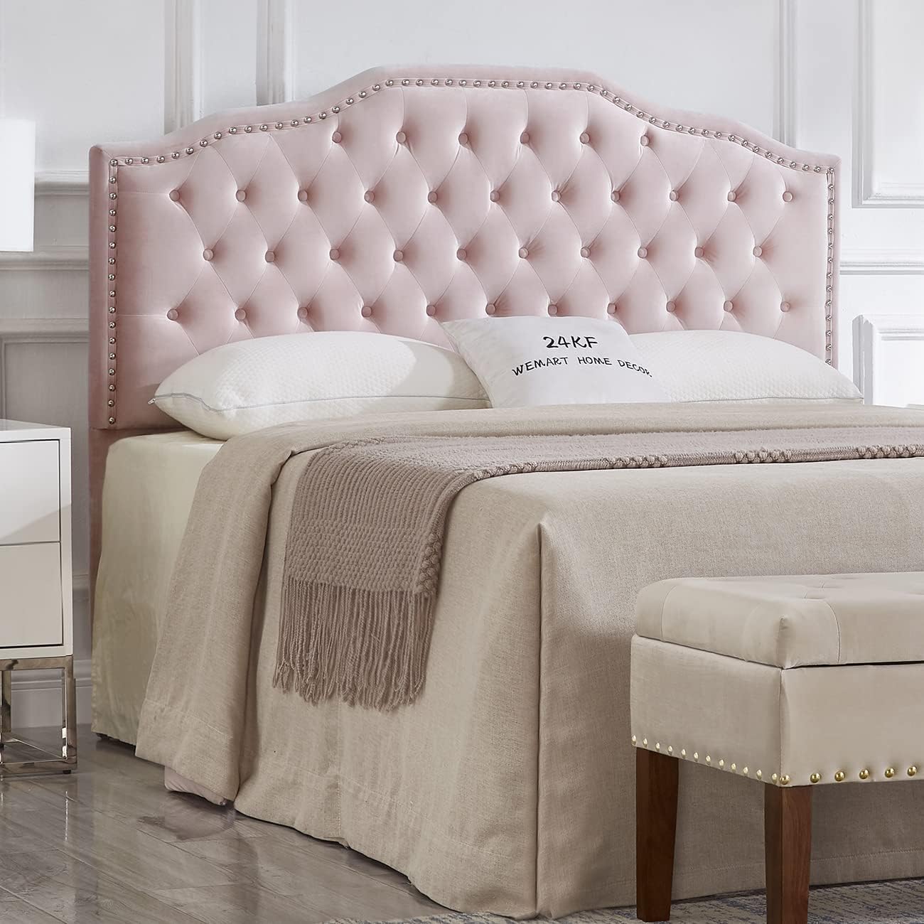 24KF Upholstered Button Tufted Queen Headboard with Nailhead Trim, Soft