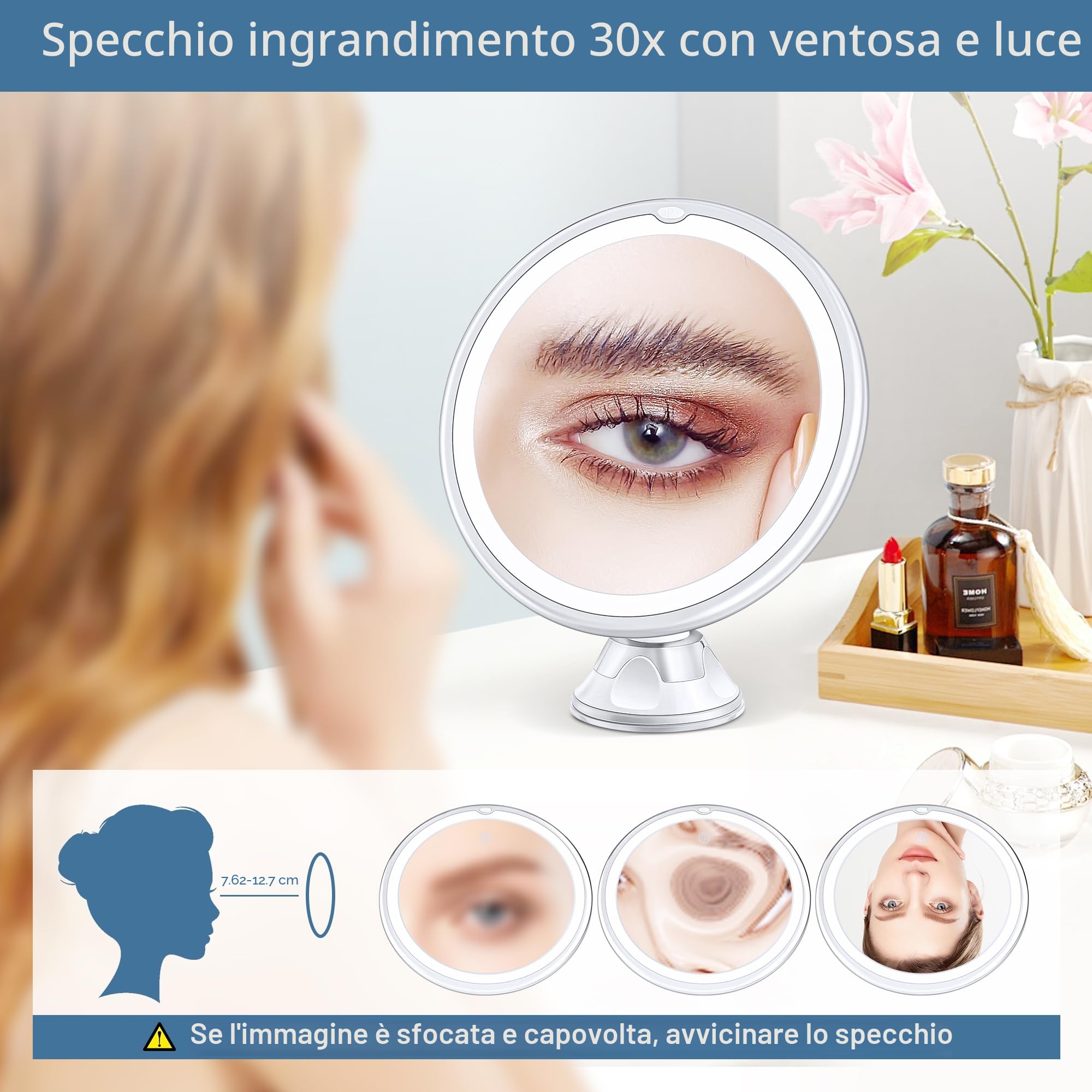 MIYADIVA Specchio Ingranditore con Luce 30X, Specchio Bagno con Ventosa, 3 Modalità di Colore e Luminosità Regolabile, specchio per bagno 20 cm