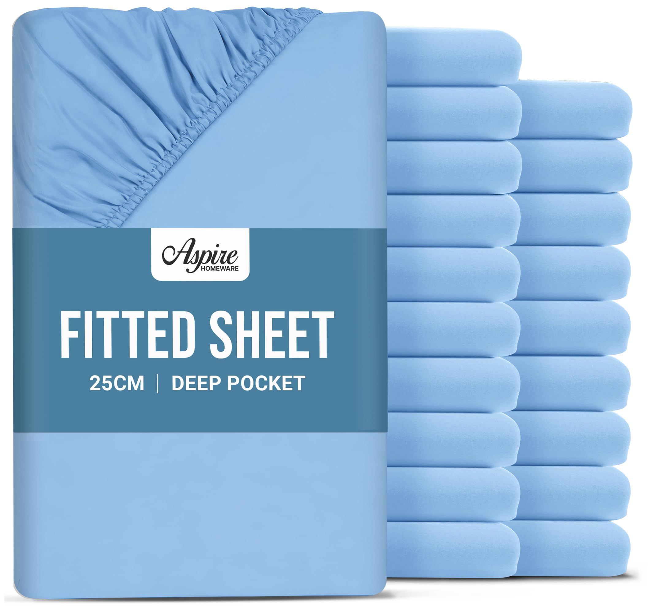 Aspire Homeware Small Double Fitted Sheet - 25cm Deep 20 Pack (Light Blue)