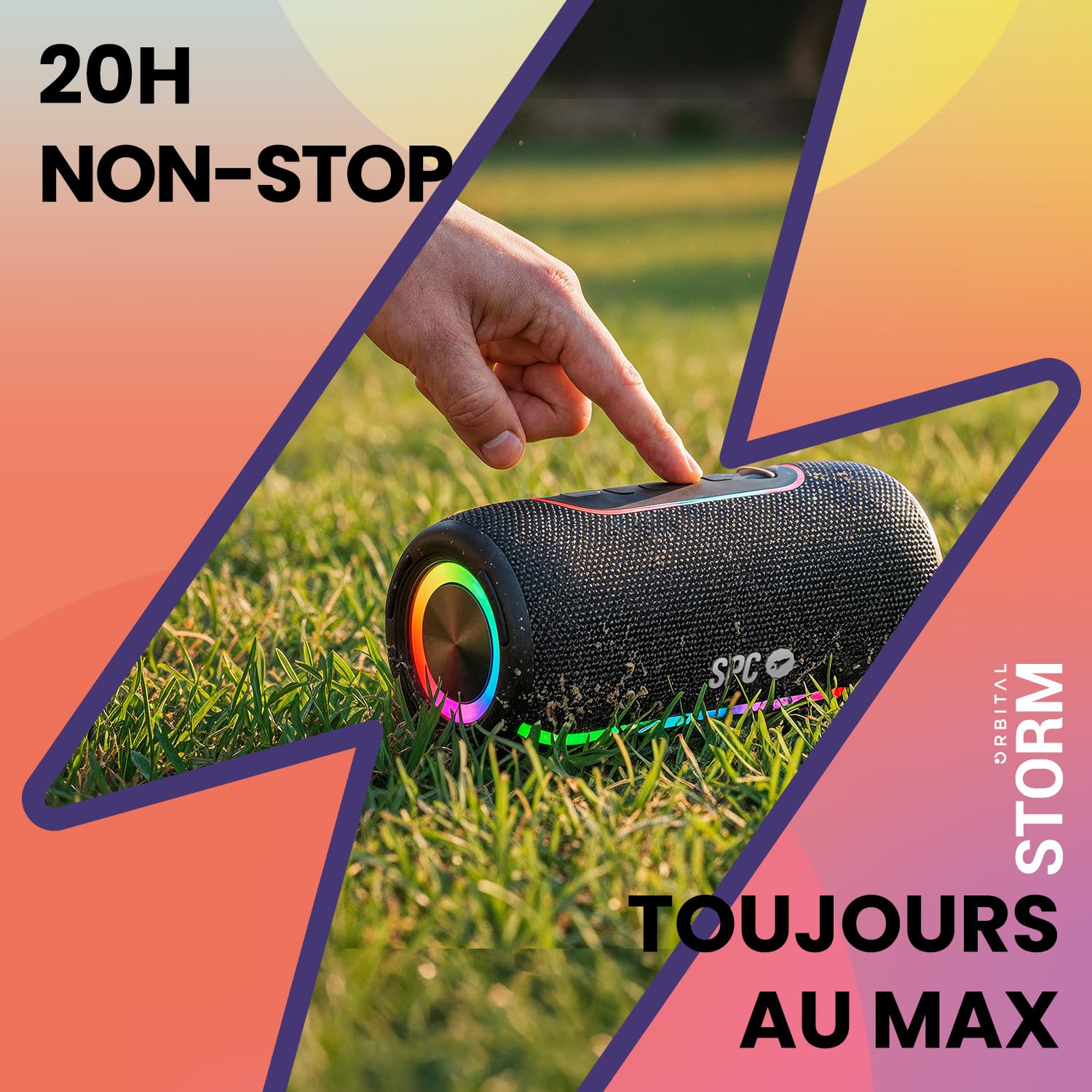 SPC Orbital Storm – Enceinte Bluetooth puissante 60W Portable avec lumière LED 360° | Jusqu’à 20h d’autonomie | Étanche IPX6 | True Wireless | USB, microSD, Jack 3,5mm | Enceinte avec Sangle