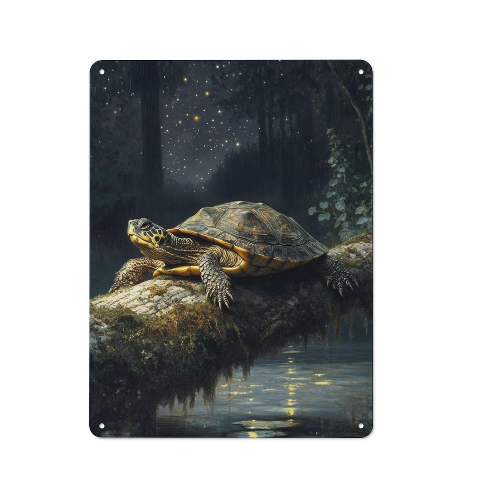 Junmoney Turtle On A Mossy Log At Night Country Country Metal Sign 40X30cm, Farmhouse Wall Decor For Farmhouse Kitchen, Pantry Or Dining Area