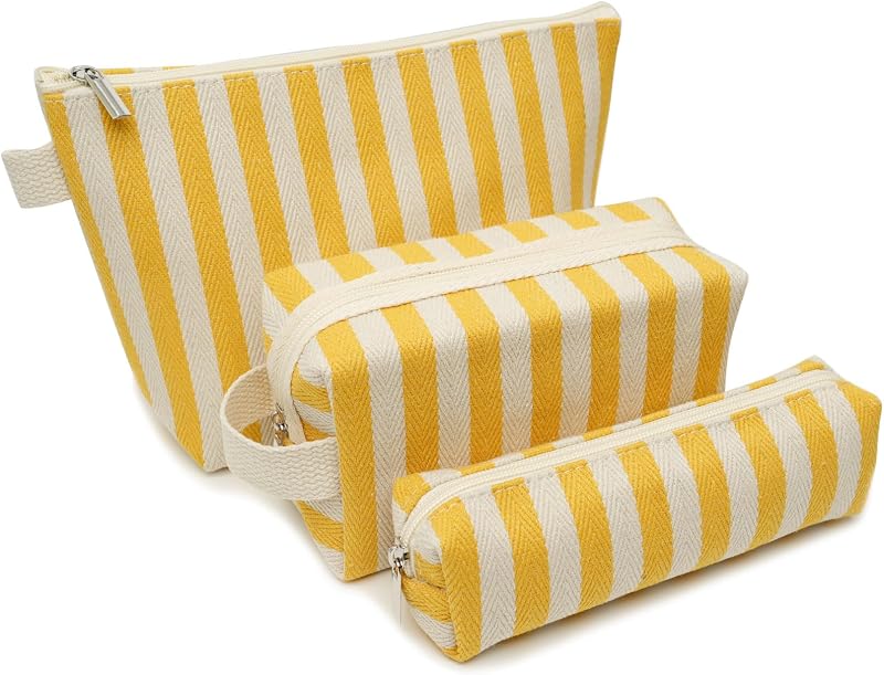 Conjunto Beayuva com 3 necessaires de maquiagem listradas em lona, Yellow-White