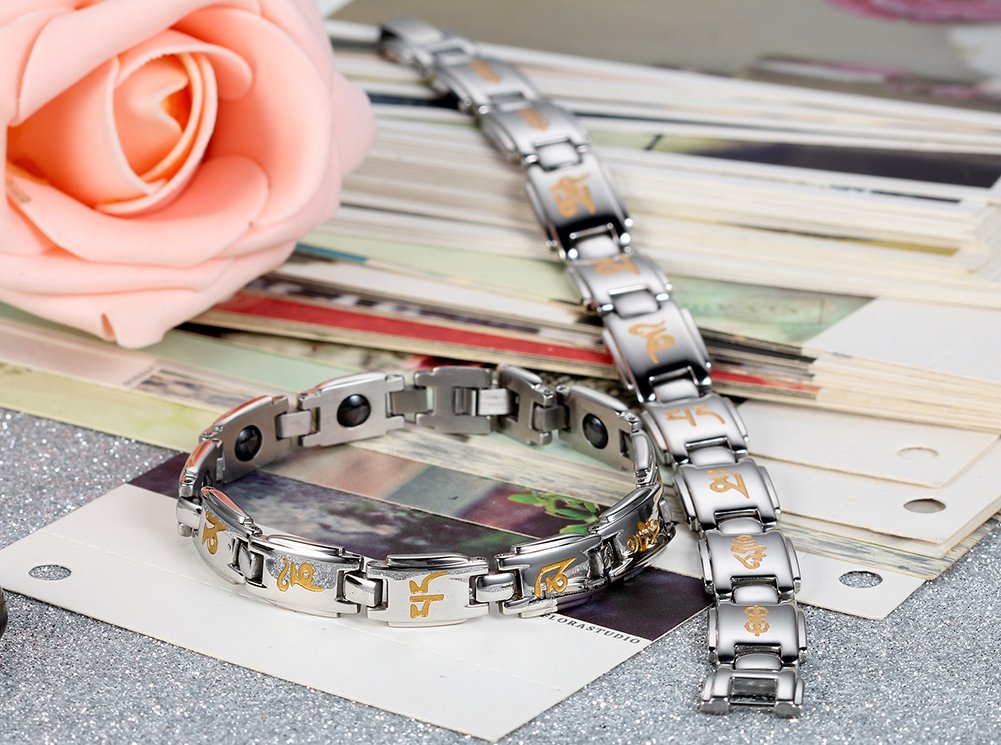 Flongo Bracelet Acier Inoxydable Menotte Mantra Sanscrit Bouddhiste Pierre Magnetique Aimante Couple Amour Classique Charme Fantaisie Bijoux Cadeau Couleur Argent Or pour Femme