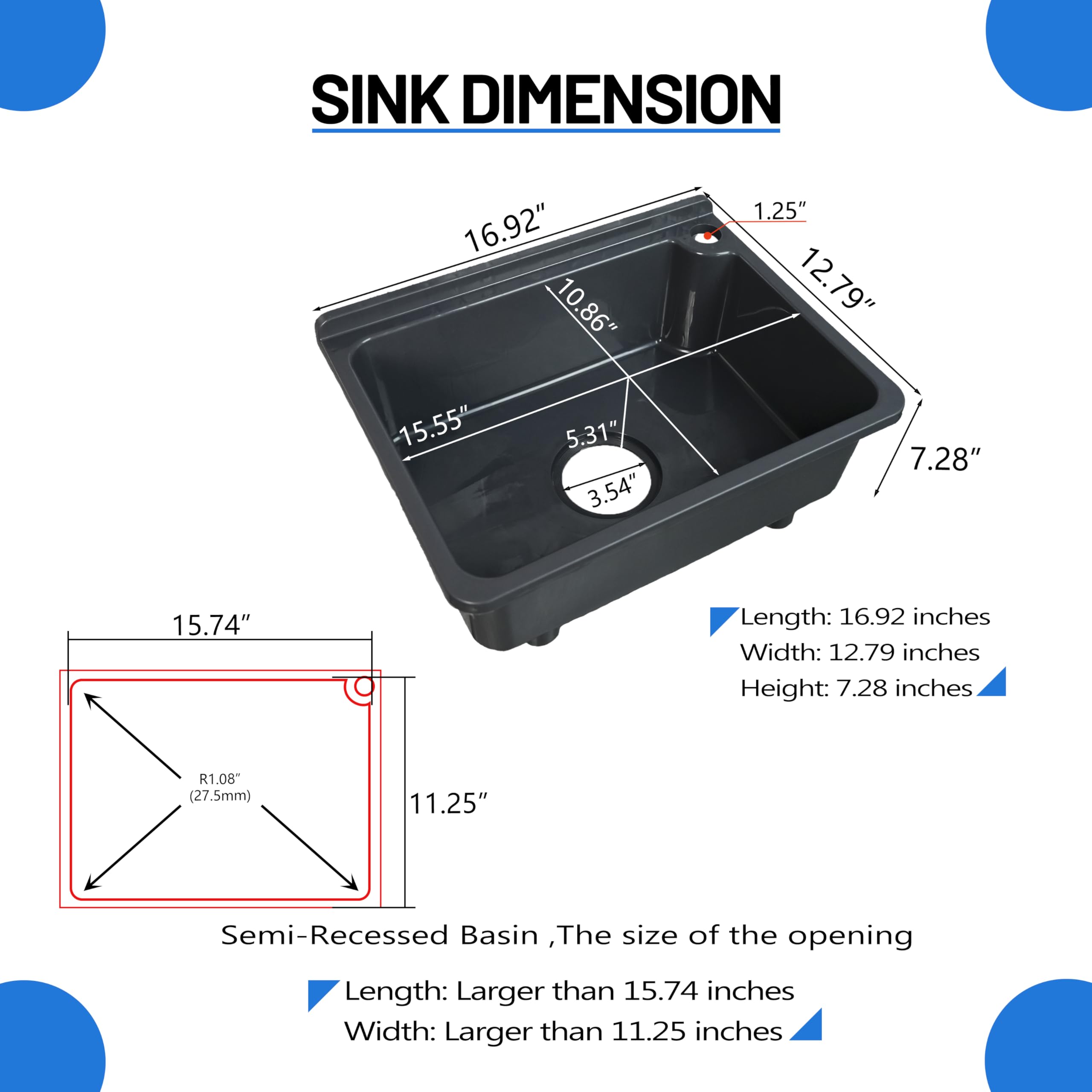 Lavabi da cucina utilitario a vasca singola da 42 x 32 cm con foro rubinetto da 3,2 cm, lavandino in plastica per casa, ristorante, dormitorio, garage, bagno, lavanderia (grigio)