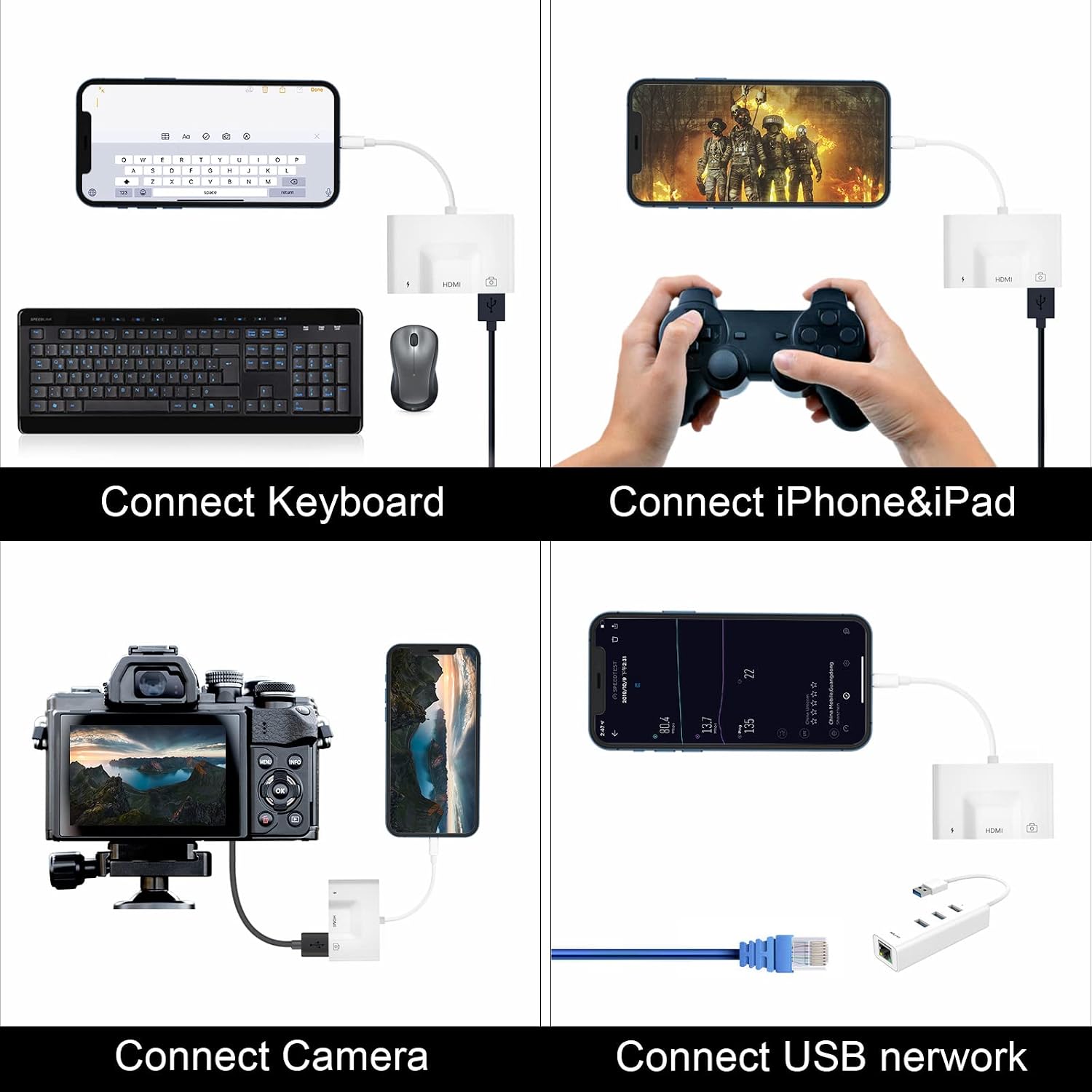 FEINODI iPhone to HDMI Adapter, 3 in 1 OTG Adapter USB Camera with 1080P Digital AV and Charging Port Splitter Compatible 13 12 11 X 8 7 6 Flash Drive MIDI Mouse Keyboard white 4.72*2.05*0.31
