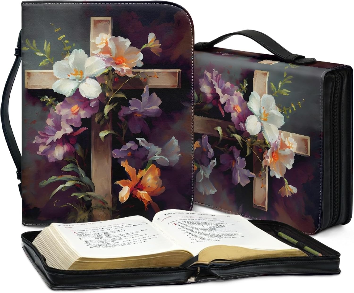 Bengbobar Oil Painting Jesus Cross Bible Covers for Girls Floral Carrying Book Case for Women Men Leather with Handle Zipper Scripture Bag for Church Study Supplies Christian Gifts Small Size