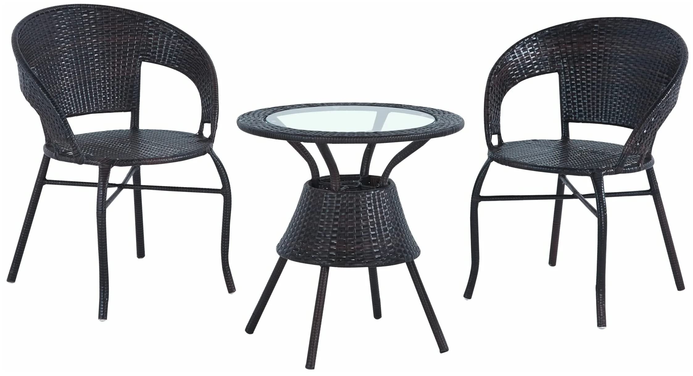 DEVOKO Outdoor Rattan Chairs with Glass Top Tea Table Bistro Set for Patio, Backyard, Porch, Garden, Poolside, Balcony (Black)