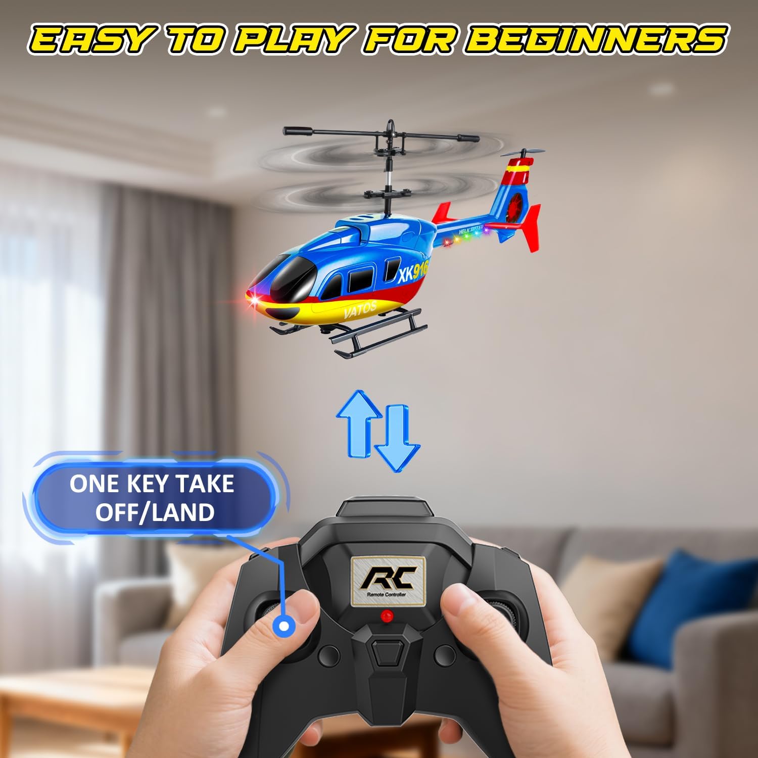 Hands holding the remote control, with an arrow pointing to the 'One Key Take Off/Land' button, and a helicopter hovering in the background, demonstrating ease of use for beginners.