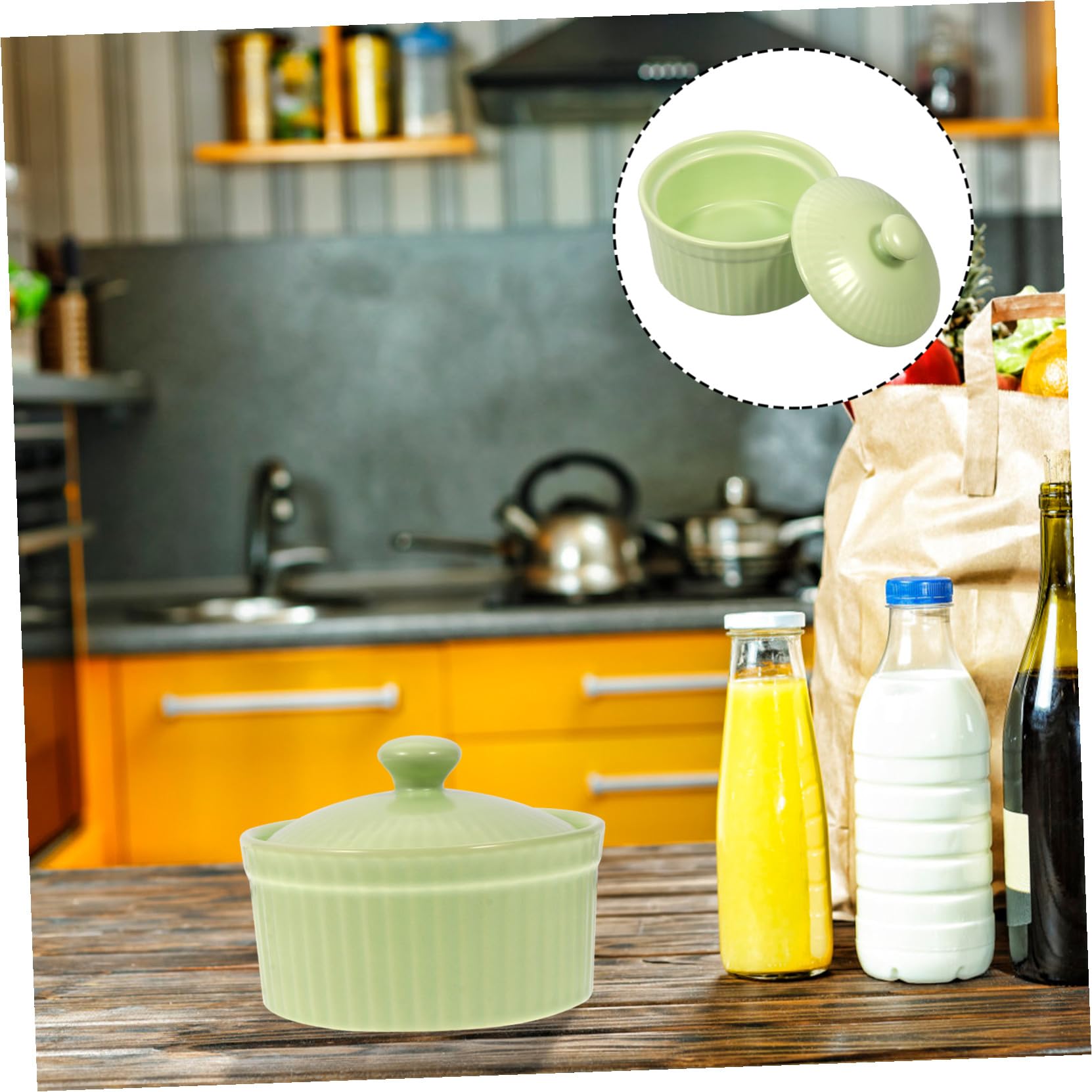 Keramik Puddingschüssel mit Deckel, 1 Stück Grün für Kinder