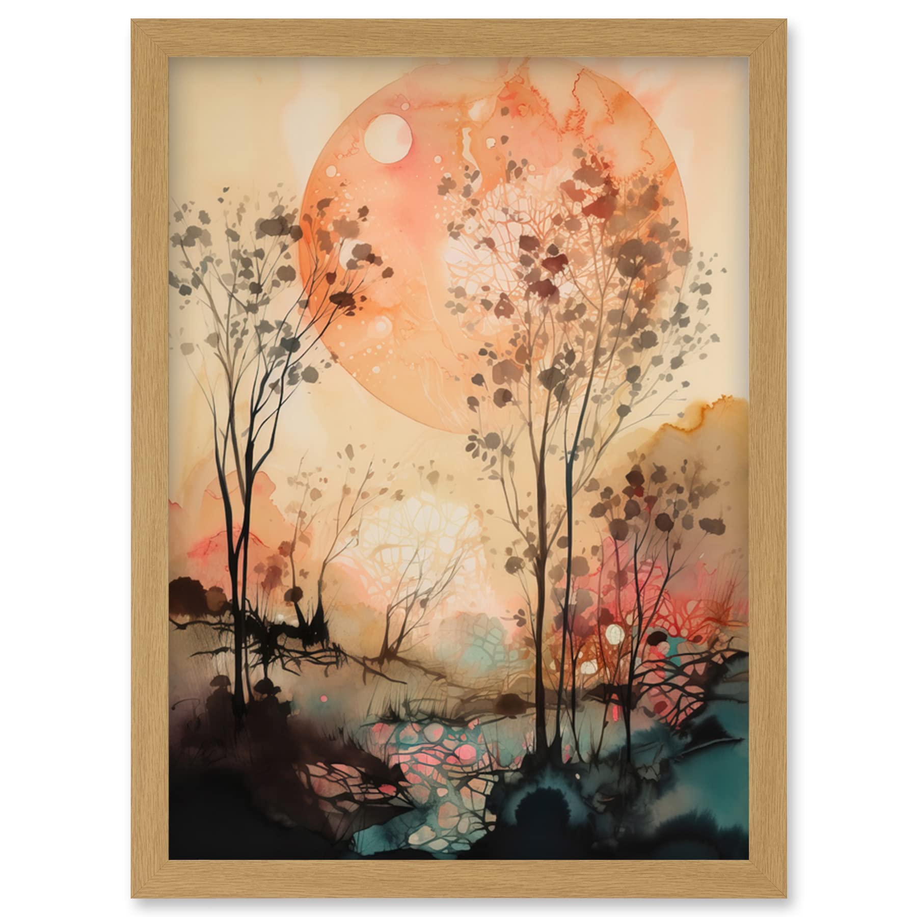 Artery8 Misty Riverside Trees Sunset Landscape Modern Boho Watercolour Painting Artwork Framed Wall Art Print A4