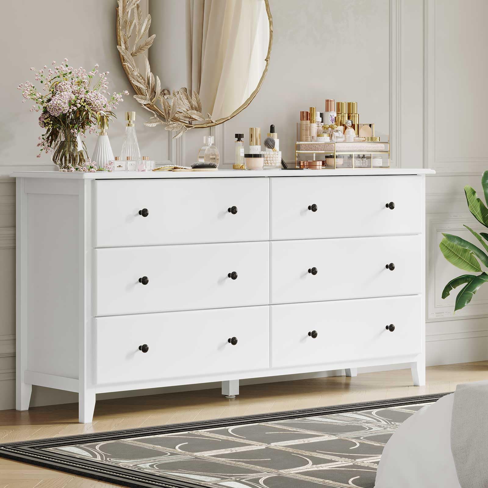 Hasuit White Dresser for Bedroom, 55.3'' Long Dressers Chest of Drawers, Large Capacity 6 Drawer Double Dresser, Solid Wood Storage Cabinet Dressers