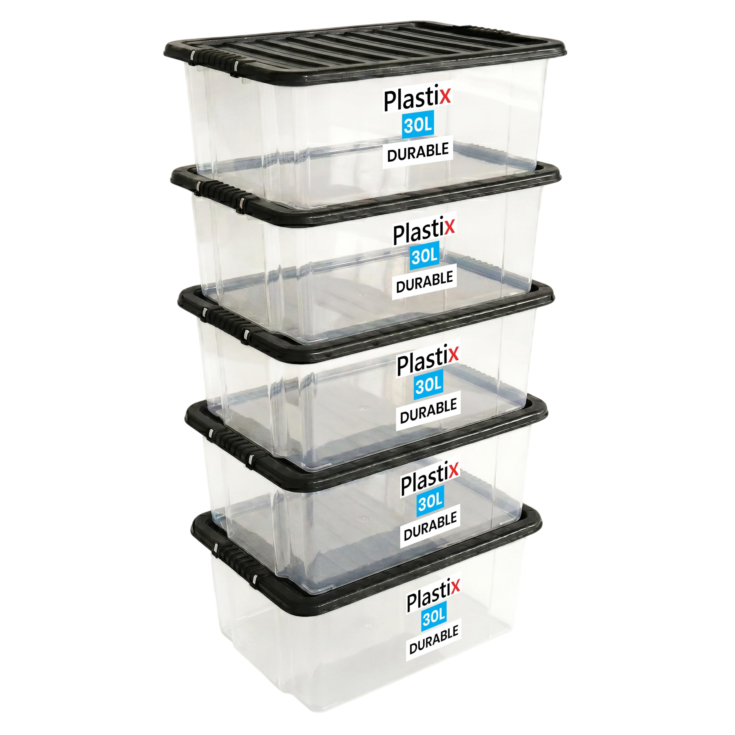 Plastix Clear Plastic Storage Box Boxes With Black Lids Home Office Stackable Uk Made (5, 30L)