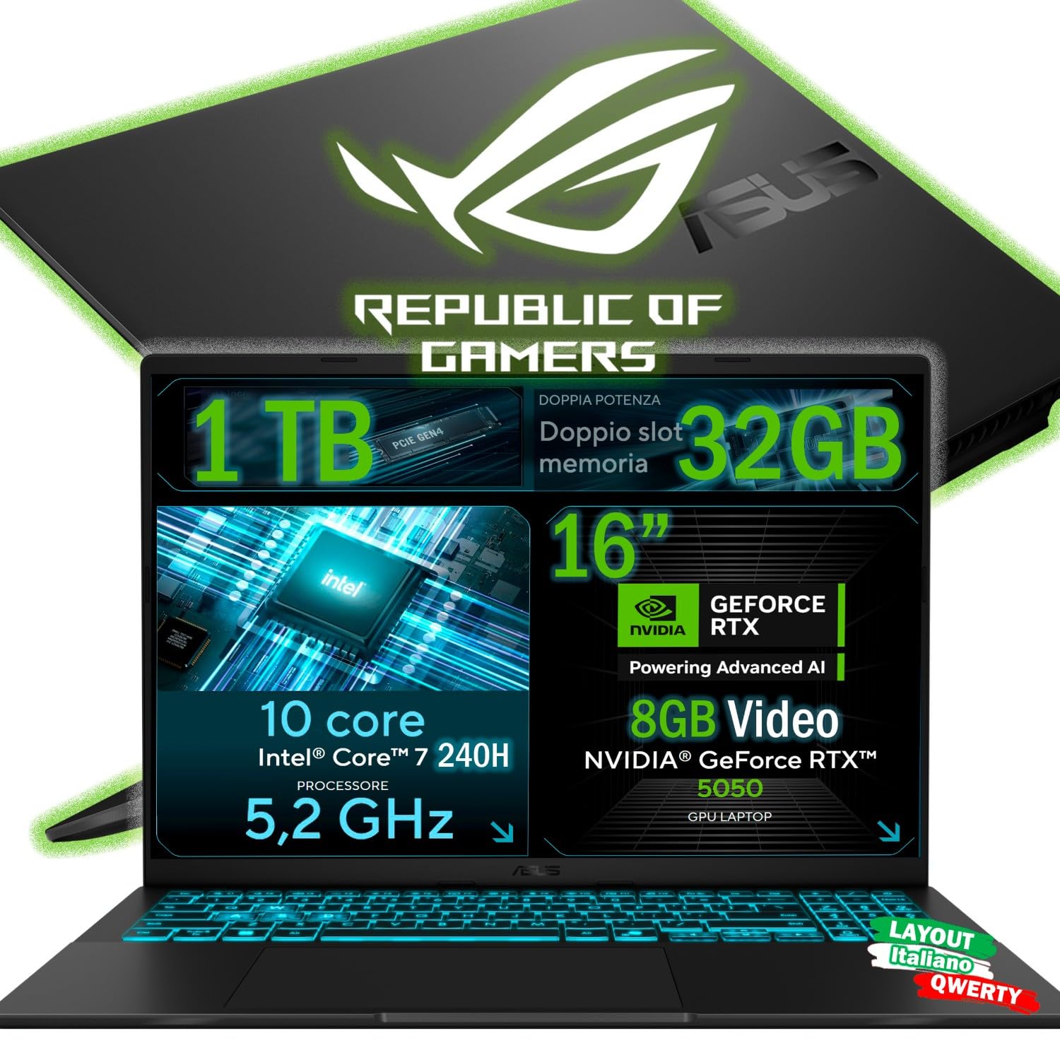 ASUS Notebook Gaming, CPU Intel Core 7 240H 5,2 GHz, RAM 32GB DDR5, SSD 1TB NVMe, NVIDIA GeForce RTX 5050 8GB, Display 16" FHD IPS, WiFi 6E, Tastiera Retroilluminata, Win 11 Pro, Portatile QWERTY