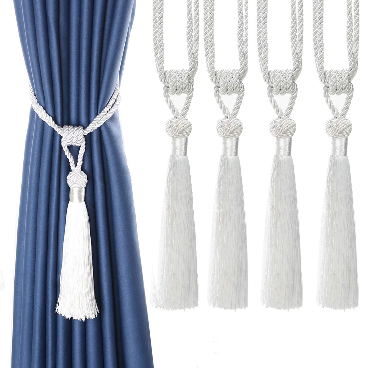 Tassel Curtain Tiebacks， Braided Rope Curtain Tiebacks Decorative Tassels Multicolor 2/4 Pcs(Wit,4pcs)