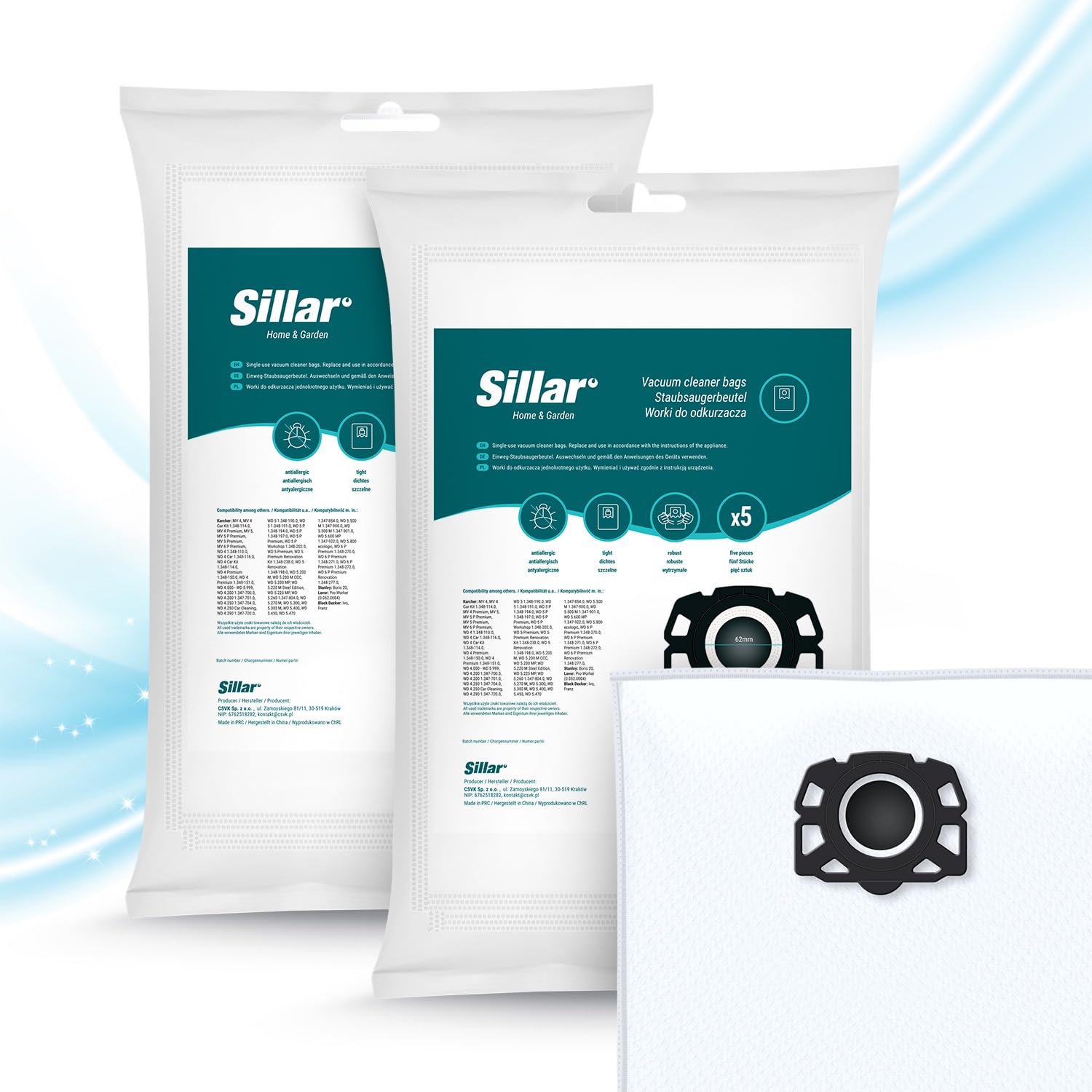 Sillar 10 worków do odkurzacza Kärcher 2.863-006.0 WD4 WD5 WD6 WD5P WD6P MV4 MV5 MV6 | Worki filtrujące KFI 487 z włókniny do odkurzaczy na sucho i mokro