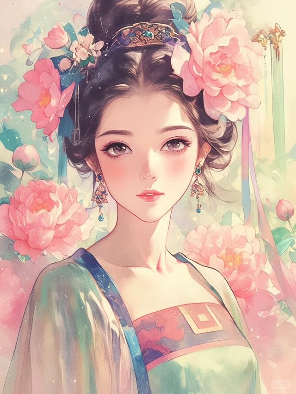RKFLGEW 14CT Stamped Cross Stitch Kit Watercolor Woman and Peony Cross Stitch Kits Embroidery Starter Set for Beginners DIY Home Decoration 40x50cm