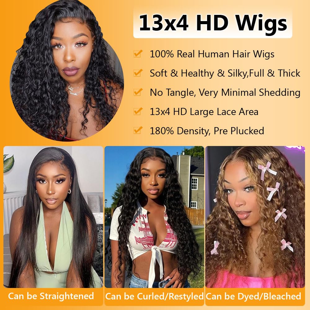 QTHAIR 18A 13x6 Water Wave Lace Front Wigs Human Hair 26" 13x6 Curly Wigs 180% Density Wet and Wavy Wig Pre Plucked 13x6 Hd Lace Front Wigs Human Hair
